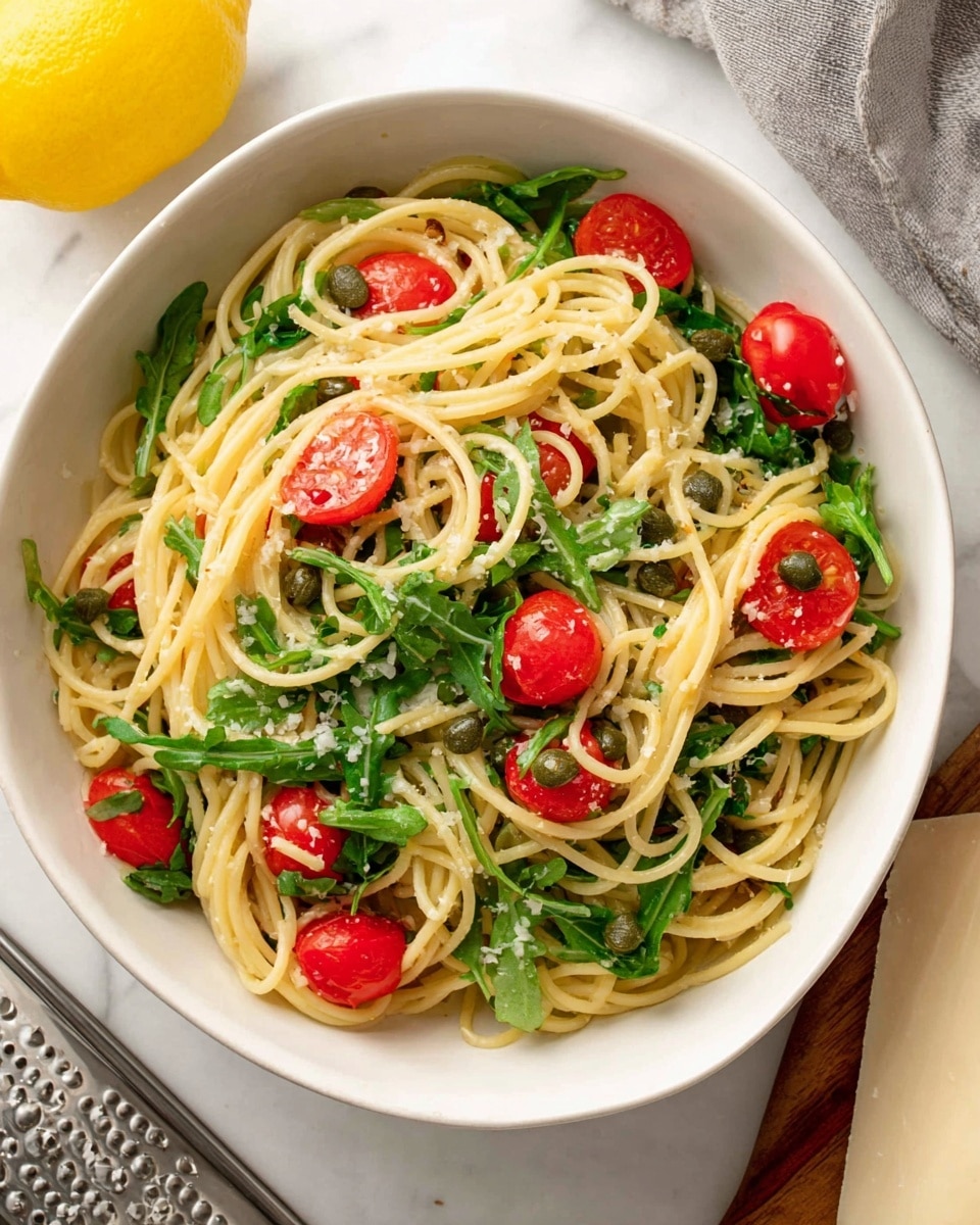 A white bowl filled with light yellow spaghetti noodles mixed with bright red halved cherry tomatoes and fresh green arugula leaves, small dark green capers are scattered through the pasta, the dish sits on a white marbled surface with a lemon, a lemon juicer, a grater, and a block of cheese around it, photo taken with an iphone --ar 4:5 --v 7