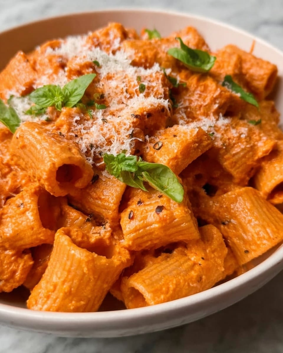 A white bowl filled with rigatoni pasta covered in a thick orange sauce. The pasta pieces are short tubes with ridges, evenly coated, and topped with a light layer of grated white cheese. Fresh green basil leaves are scattered on top as garnish. The bowl sits on a white marbled surface. The photo is close-up, showing the creamy texture of the sauce and details of the pasta. photo taken with an iphone --ar 4:5 --v 7