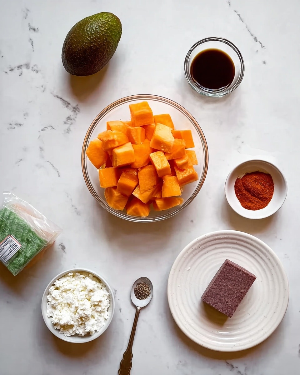 The image shows a white marbled surface with several cooking ingredients neatly arranged. At the center is a clear glass bowl filled with bright orange cubed pieces. Surrounding it are six small containers: a white bowl holding white crumbly cheese at the bottom left, a white bowl with red powder at the bottom right, a small white plate with salt and pepper in the center bottom, a small metal spoon filled with a brown spice on the right, a transparent white bowl with a dark liquid at the top left, and a sealed green pack containing a dark brown block near the top right. Also on the surface is a whole avocado to the left. The photo taken with an iphone --ar 4:5 --v 7