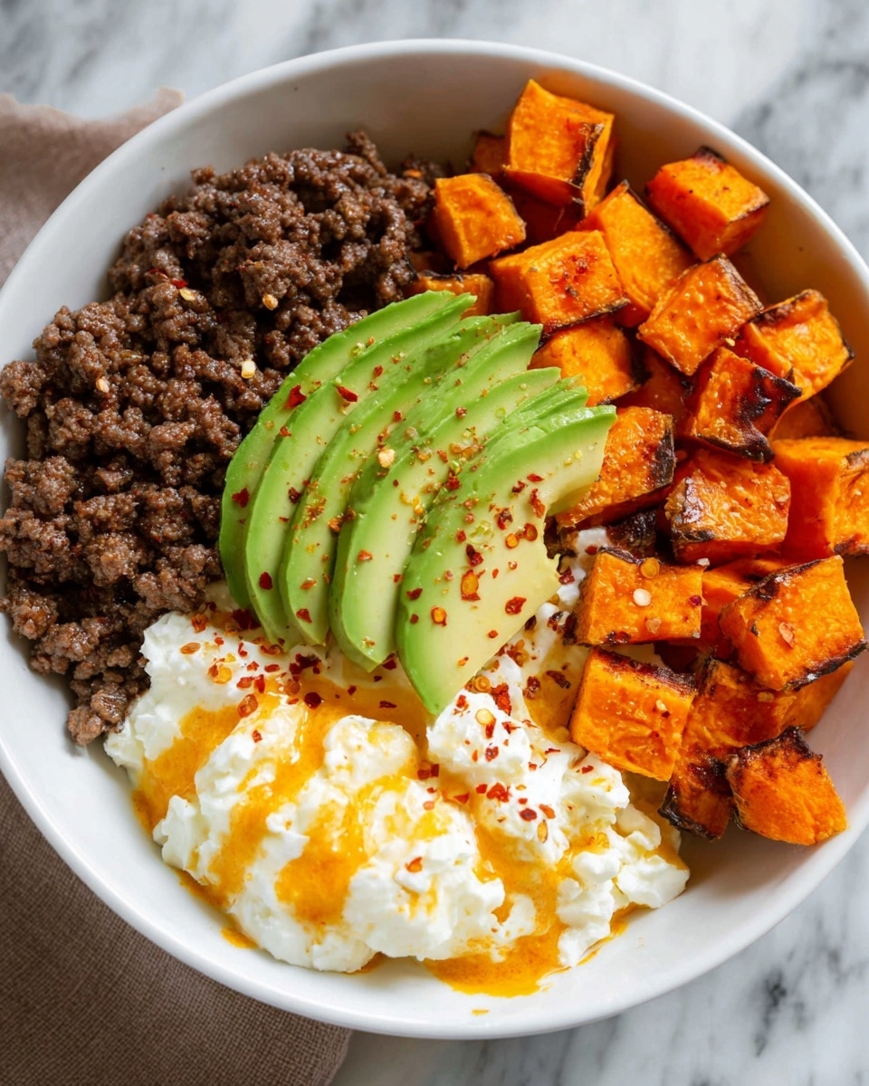 The image shows a white bowl with four layers inside. On the left side is a layer of dark brown cooked ground meat with a crumbly texture. Next to it on the right is a layer of bright orange cubed roasted sweet potatoes with a slightly crispy look. To the right of the sweet potatoes is a fluffy white layer of cottage cheese drizzled with a small amount of orange sauce. On top of the meat and sweet potatoes, in the center, are three slices of fresh green avocado with a smooth texture, also drizzled with the same orange sauce and sprinkled with small pieces of red chili flakes. The bowl is set on a white marbled surface. photo taken with an iphone --ar 4:5 --v 7