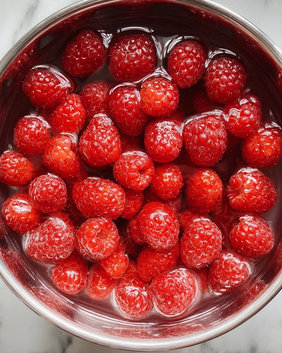 The image shows many bright red raspberries floating in clear water inside a round container. The raspberries are close together, some facing up and some tilted, with their small seeds and bumpy texture visible. The water creates light reflections and a shiny, wet look on the berries. The container edge is thin and silver, visible around the top circle of the image. The background has a white marbled texture. photo taken with an iphone --ar 4:5 --v 7