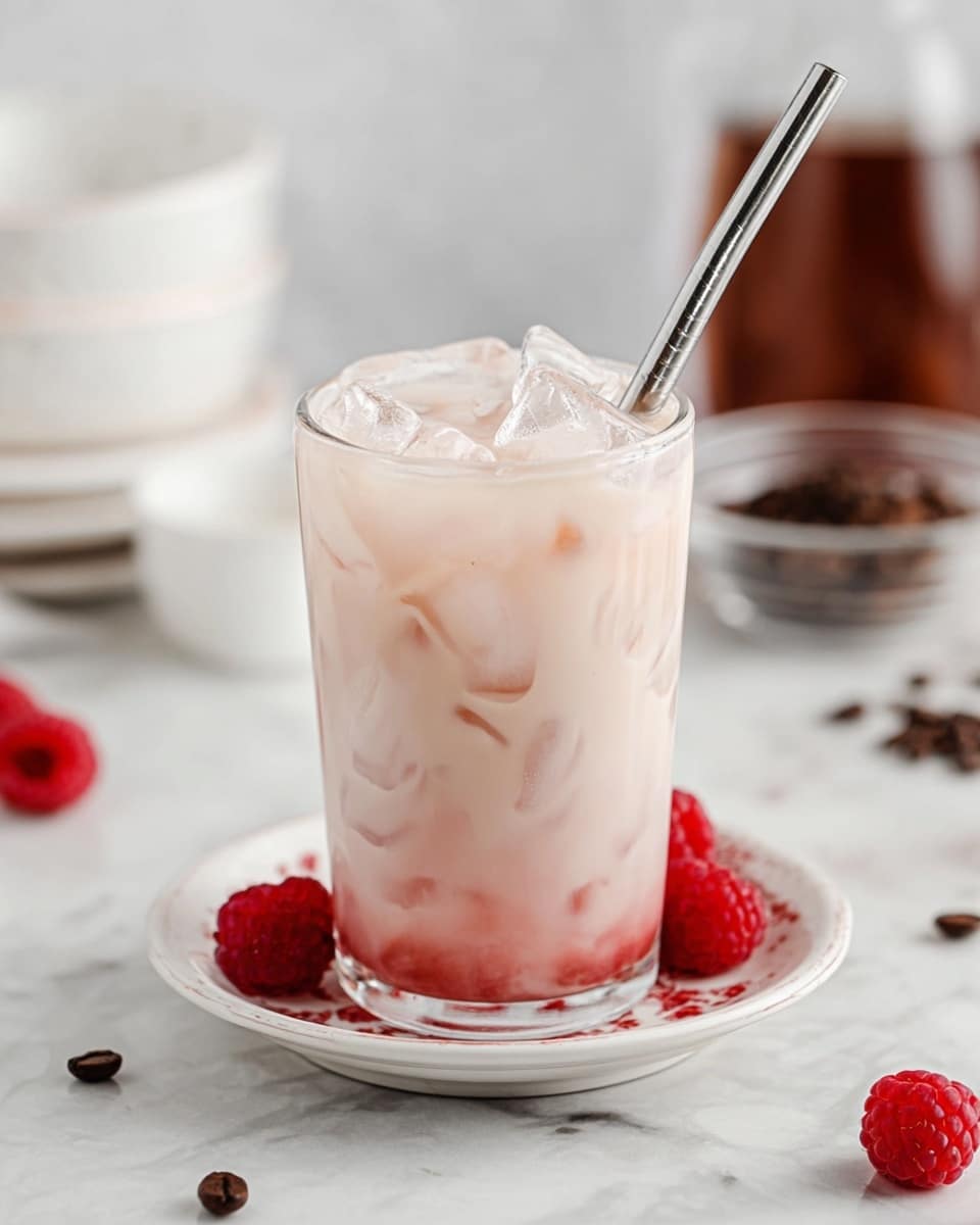 A clear glass filled with light pink iced drink showing layers of ice cubes and creamy liquid, with a hint of deeper pink at the bottom; it sits on a white saucer with a subtle red floral pattern, placed on a white marbled surface scattered with a few coffee beans and fresh red raspberries around it. A shiny metal straw is inside the glass, slightly tilted. The background is softly blurred with white dishes visible. photo taken with an iphone --ar 4:5 --v 7