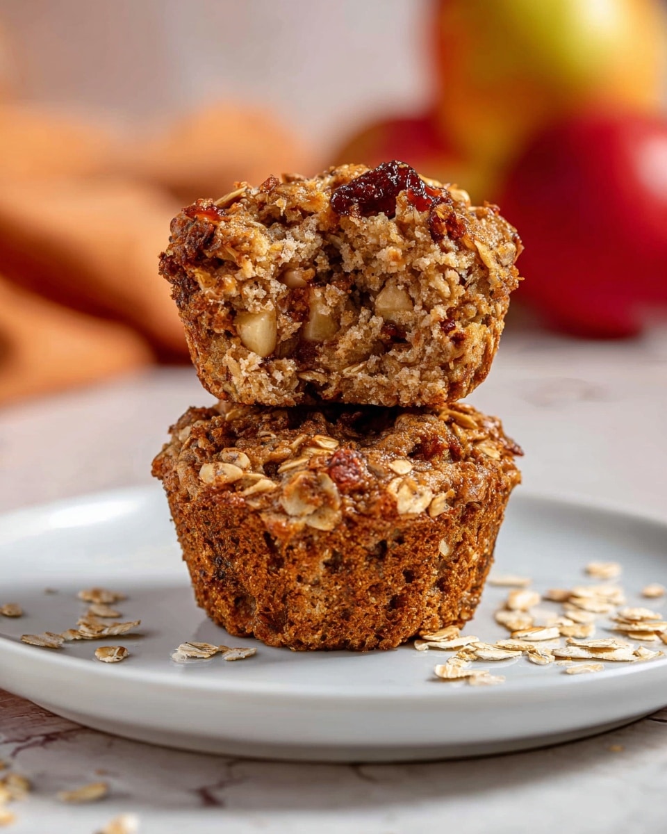 The image shows two oatmeal muffins stacked on a white plate, placed on a white marbled surface. The bottom muffin is whole, with a rough, brownish exterior filled with visible oats and nuts. The top muffin is broken in half and stacked on the bottom one, revealing a soft, moist inside with a mix of oats, apple chunks, and nuts, all lightly spiced with cinnamon. Loose oats are scattered around the plate, and there is a blurred background with warm colors suggesting fresh apples. The lighting is soft and natural, highlighting the texture and details of the muffins. Photo taken with an iphone --ar 4:5 --v 7