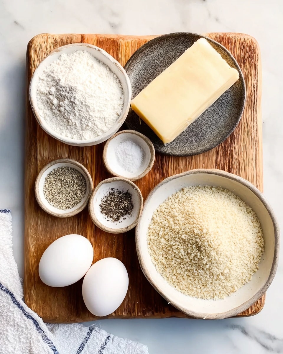 A wooden board on a white marbled surface holds six items neatly arranged from left to right: a small white bowl filled with white flour, a wedge of pale yellow cheese with smooth texture, a small white bowl containing mixed salt, black pepper, and white spices, a dark gray plate holding two white eggs, and a white bowl filled to the top with light beige bread crumbs. The edges of the board and the bowls are all clearly visible, and a hint of a white and blue cloth is seen at the bottom edge; photo taken with an iphone --ar 4:5 --v 7