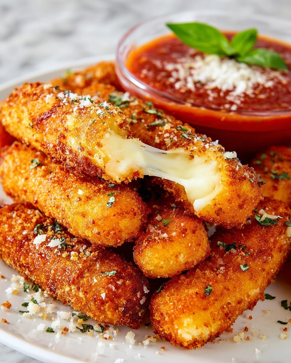 A white plate holds a stack of golden-brown fried mozzarella sticks with a rough, crispy texture, sprinkled with small green herb flakes and grated white cheese on top. One mozzarella stick is broken in the middle, showing melted, creamy white cheese stretching out inside. At the top right of the plate, there is a clear glass bowl filled with thick red marinara sauce topped with finely grated white cheese and a fresh green basil leaf. The plate sits on a white marbled surface. photo taken with an iphone --ar 4:5 --v 7