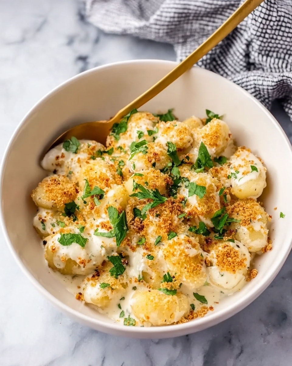 The image shows a white bowl filled with round gnocchi covered in a creamy white sauce. On top of the sauce, there is a golden, crispy breadcrumb layer scattered unevenly, adding texture. Fresh green parsley pieces are sprinkled on the top, giving a bright contrast to the cream and gold colors. A gold spoon is placed inside the bowl on the left side, resting on the gnocchi. The bowl sits on a white marbled surface, with a blurred checkered cloth in the background. photo taken with an iphone --ar 4:5 --v 7