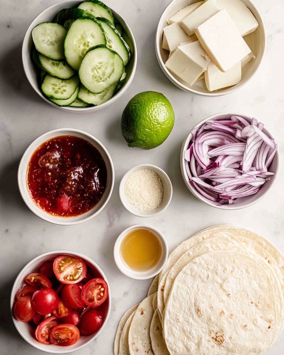 The image shows several small white bowls and a stack of white tortillas arranged on a white marbled surface. Starting from the top left, there is a bowl filled with sliced cucumbers that have a dark green skin and light green inside. To the right is a bowl with thick white cheese slices. Below the cheese is a bowl of red sauce with visible herbs. In the center, a whole green lime sits next to a small bowl with honey or syrup with a golden color. To the bottom left of the lime, a white bowl is filled with halved bright red cherry tomatoes. Next to the tomatoes is a bowl of thin sliced purple onions showing layers and texture. At the very bottom left, another small bowl contains a light beige powder or grated cheese. At the far left is a stack of pale white tortillas with a soft, smooth surface. All ingredients are neatly arranged with clear colors and textures, set against the white marbled background. Photo taken with an iphone --ar 4:5 --v 7