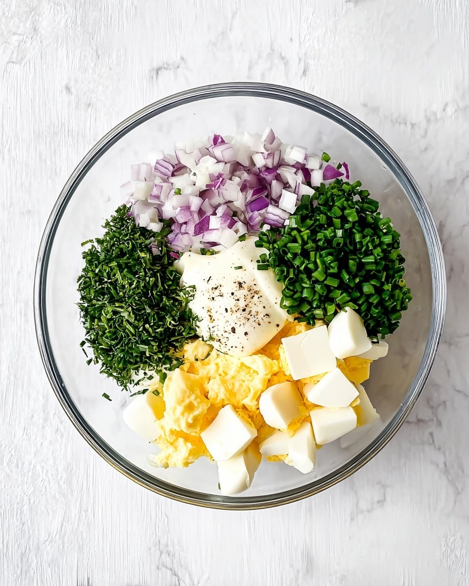 A clear glass bowl on a white marbled surface holds several ingredients arranged in separate sections. At the bottom right, there are light yellow and white chunks of hard-boiled egg. Above the eggs to the right, there is a pile of finely chopped bright green chives. On the top left, there is a mound of small purple and white diced onions. Below the onions, chopped dark green herbs fill a section. In the middle, there is a dollop of creamy white mayonnaise and a smaller dollop of pale yellow mustard, sprinkled with some black pepper. The ingredients form distinct colorful layers, ready to be mixed. photo taken with an iphone --ar 4:5 --v 7