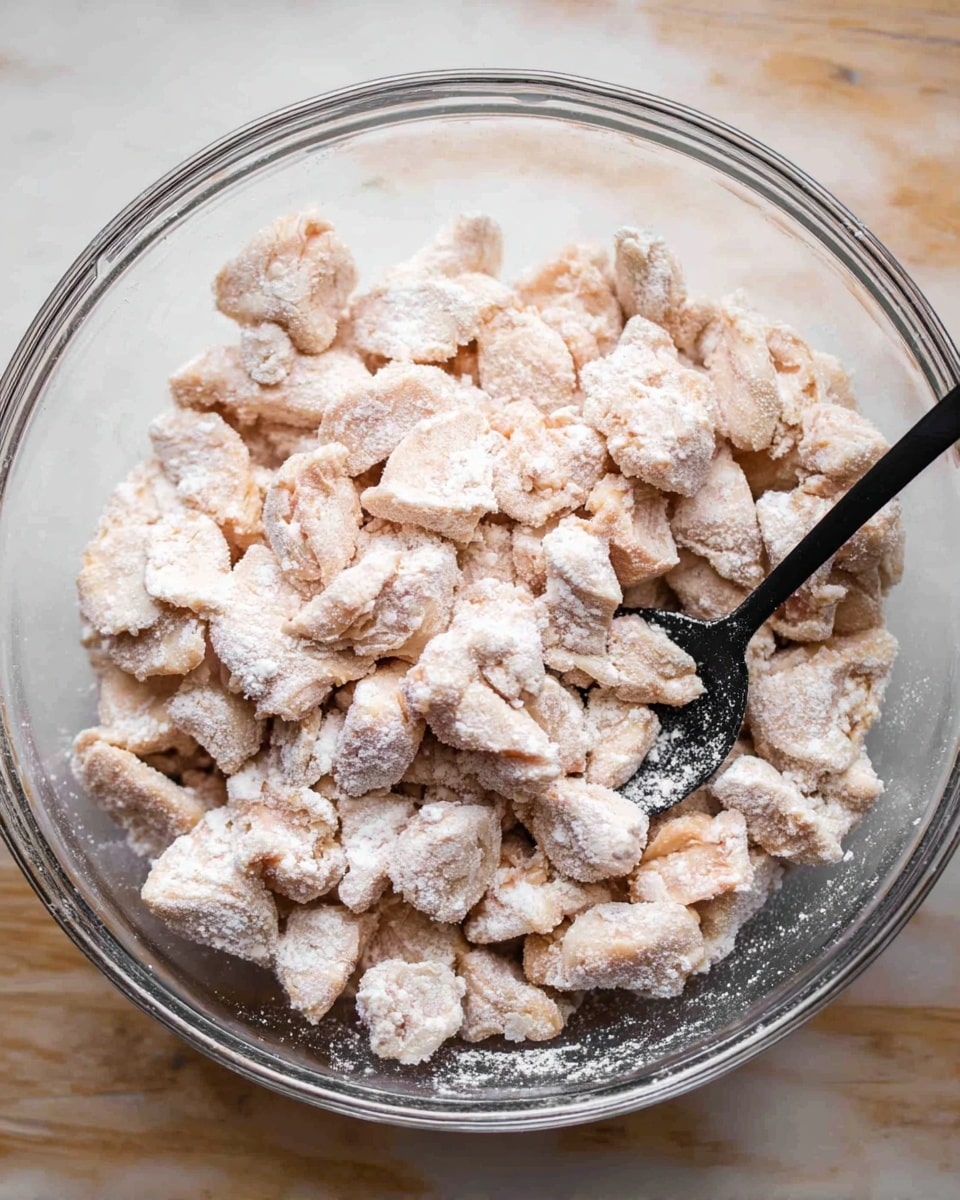 A clear glass bowl filled with many small, uneven pieces of raw chicken coated in white flour, giving them a powdery texture and light off-white color with hints of pink from the chicken. The chicken pieces are piled in the bowl, and a black spoon is partially buried in the mixture, positioned towards the right side of the bowl. The bowl sits on a white marbled surface, adding a soft and clean background to the scene. photo taken with an iphone --ar 4:5 --v 7