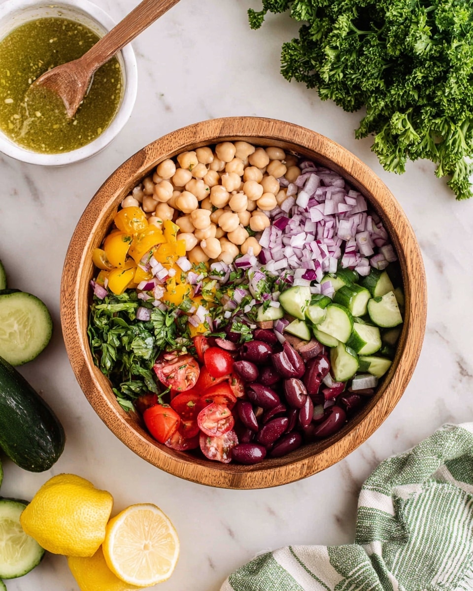 A round wooden bowl contains a vibrant salad arranged in seven distinct sections: pale beige chickpeas, chopped purple-red onion, halved bright red cherry tomatoes, chopped green herbs, dark red kidney beans, thick slices of light green cucumber, and sliced dark purple olives, with a small section of creamy white beans beside the olives. The bowl is placed on a white marbled surface, surrounded by fresh parsley on the top right, a green and white striped cloth on the bottom right, a halved lemon and garlic on the bottom left, a cucumber partially off-frame on the left, and a white bowl with a wooden spoon holding a greenish dressing near the top left. The image is bright, fresh, and clean. photo taken with an iphone --ar 4:5 --v 7