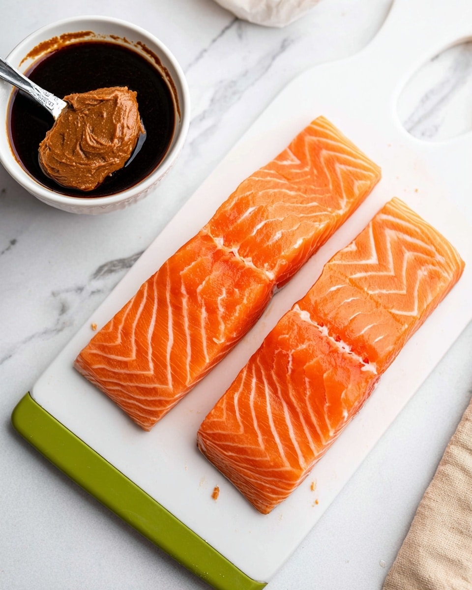 The image shows two bright orange raw salmon fillets with clear white fat lines placed side by side on a white cutting board with green edges, sitting on a white marbled surface. Next to the cutting board is a small white bowl filled with a dark brown liquid and a thick brown paste, with a silver spoon resting inside the bowl. The scene is clean and bright, focusing on the fresh salmon and the ingredients next to it, photo taken with an iphone --ar 4:5 --v 7