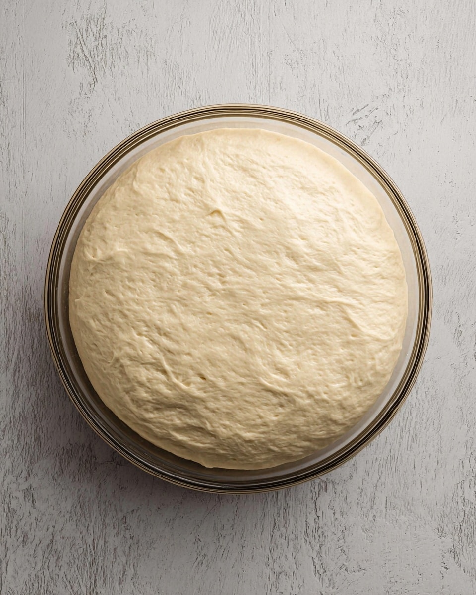 A clear glass bowl is filled with light beige dough that has risen to fill almost the whole bowl. The dough is smooth with a soft, slightly puffy texture showing small air bubbles and faint stretch marks on the surface. The bowl sits on a white marbled textured surface, and the image is taken from directly above, centering the bowl perfectly in frame. photo taken with an iphone --ar 4:5 --v 7