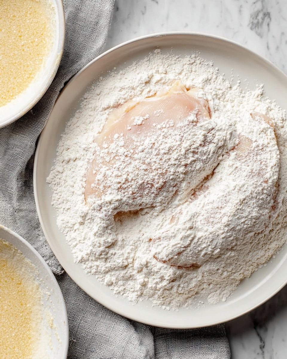 A white plate with two raw chicken pieces covered in a thick layer of white flour. The flour is unevenly spread with some areas thicker, showing the light pink of the chicken under the coating. The plate is placed on a white marbled surface with a grey linen cloth partially visible on the left side. Next to the plate, there is a glimpse of another white plate holding a light yellow batter. The image is bright and clear, showing texture details of the flour and chicken photo taken with an iphone --ar 4:5 --v 7