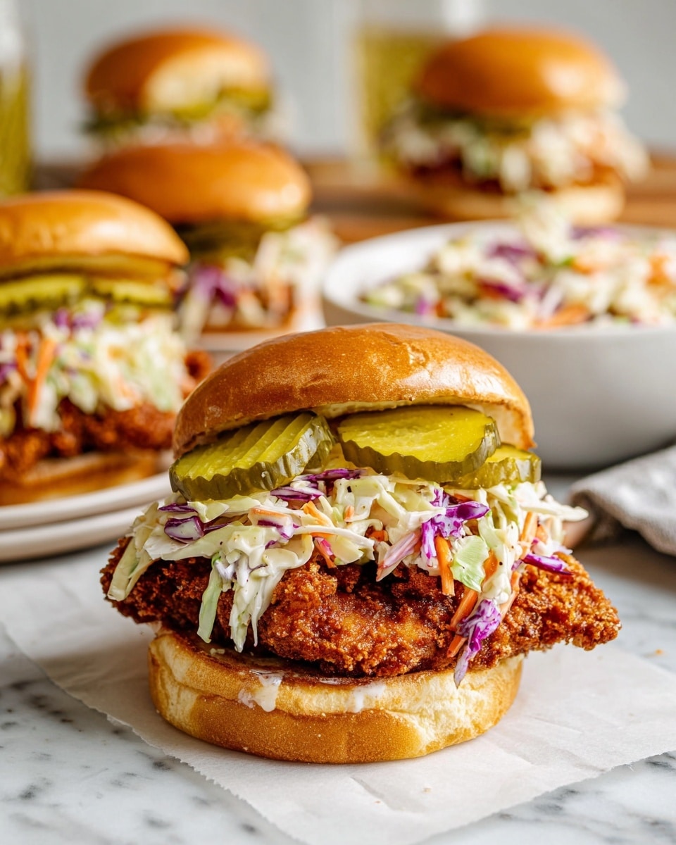 This image shows a sandwich with three clear layers on a white marbled surface. The bottom layer is a toasted, golden brown bun. On top of it is a thick, crispy fried chicken piece with a crunchy texture and rich brown color. Above the chicken is a colorful layer of coleslaw with shredded cabbage and carrots in light cream dressing, featuring white, orange, and purple hues. The top layer has several bright green pickle slices. The sandwich is completed with a soft, shiny, golden top bun. In the background, there is a white bowl filled with more colorful coleslaw and parts of other similar sandwiches on white plates. Photo taken with an iphone --ar 4:5 --v 7