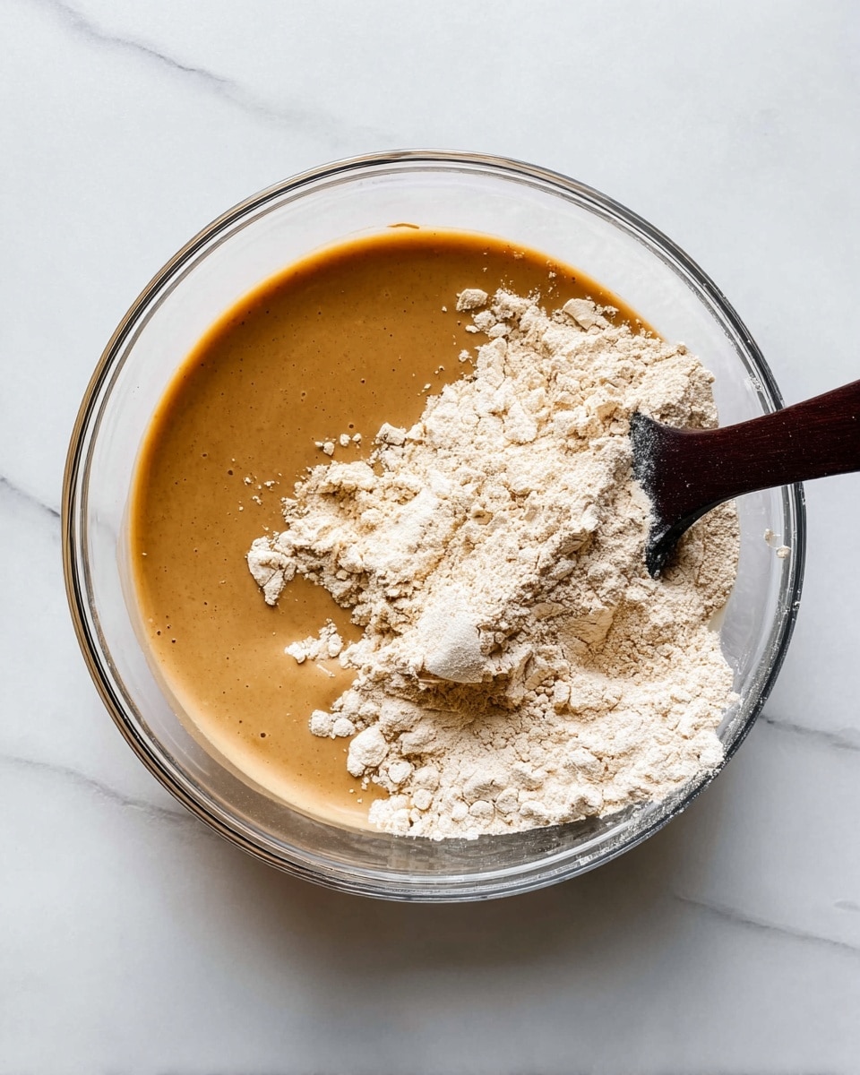 A clear bowl sits on a white marbled surface, filled halfway with a smooth, light brown liquid layer that has a slightly glossy texture. On one side of the bowl, a thick layer of off-white powder rests, piled unevenly. A dark brown spatula partially dips into the liquid near the powder side, breaking the surface slightly. Some powder is scattered around the edges inside the bowl, showing the mixture is ready to be blended. photo taken with an iphone --ar 4:5 --v 7