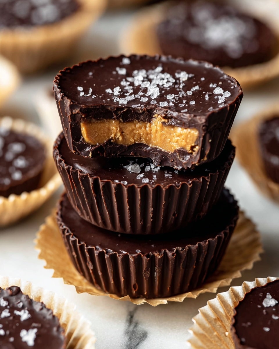 The image shows a stack of three round dark chocolate cups with ridged sides, sitting on a white marbled surface covered with light brown paper liners. The top cup has a bite taken out, revealing a smooth, creamy, golden peanut butter filling inside. The top surface of each cup is shiny dark chocolate sprinkled with coarse sea salt flakes, which add texture and contrast. Other chocolate cups in white paper liners can be seen blurred in the background. The lighting highlights the glossy finish of the chocolate and the soft texture of the filling. Photo taken with an iphone --ar 4:5 --v 7