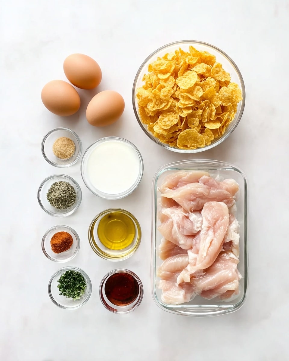 The image shows a flat lay of various cooking ingredients on a white marbled surface. There is a clear container with several pale pink chicken strips arranged neatly in the bottom right area. Above this is a small bowl filled with golden yellow cornflakes. To the left of the chicken, two whole brown eggs are placed side by side. Below the eggs is a small glass bowl with white liquid, likely milk. Surrounding these main items are smaller glass bowls containing green dried herbs, light yellow oil, reddish-brown powder, black pepper, and dark brown liquid. The colors vary from creamy white and golden yellow to pale pink and rich brown, textures range from smooth liquids to crunchy flakes photo taken with an iphone --ar 4:5 --v 7