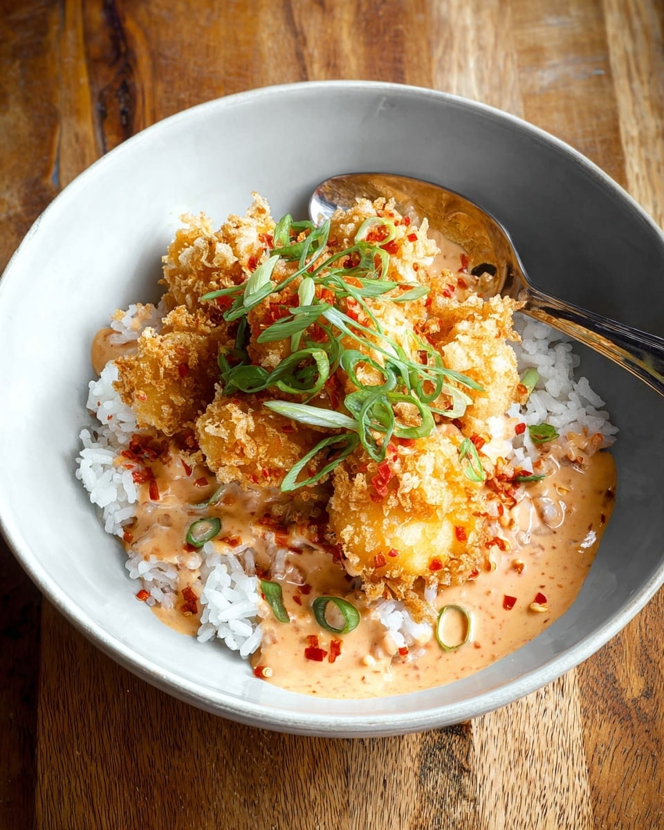 A white bowl filled with a base layer of fluffy white rice topped with a golden crispy layer of fried food, which is covered in a light orange creamy sauce with small red pieces. On top, fresh thin green slices add color and freshness. There is a silver spoon resting on the right side of the bowl, and the bowl sits on a wooden surface. photo taken with an iphone --ar 4:5 --v 7