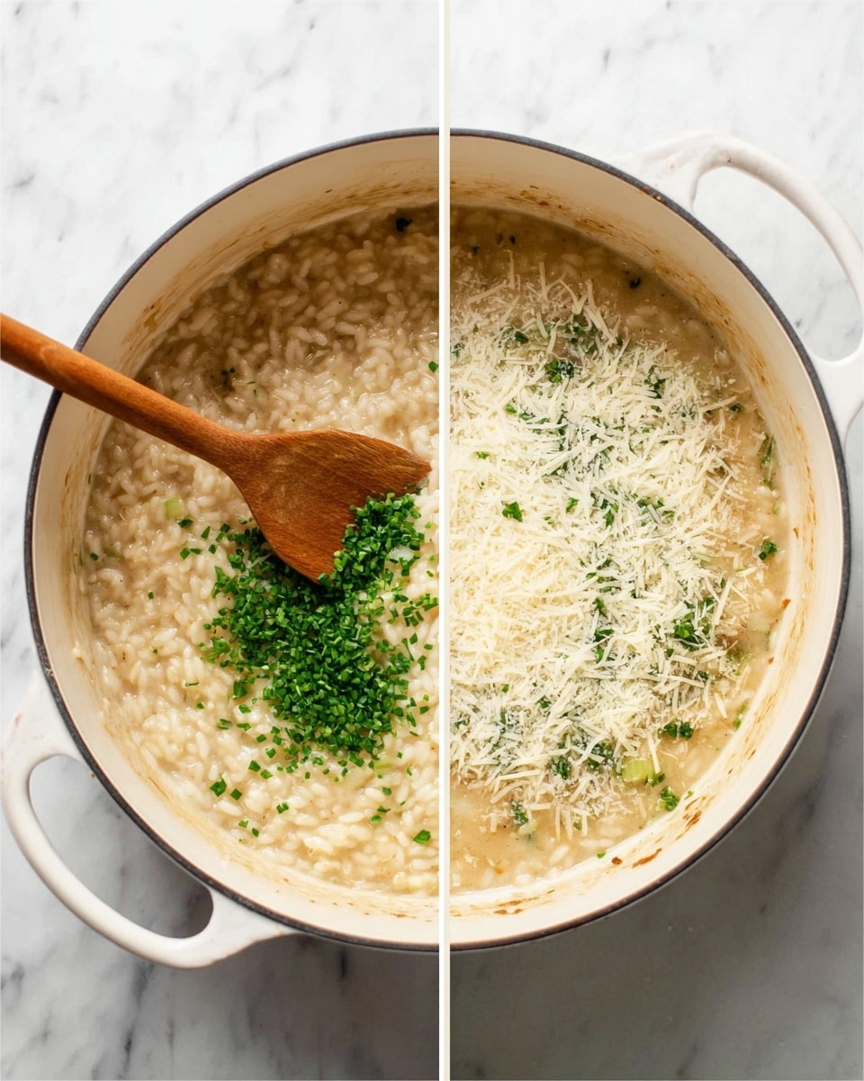The image shows a white pot with creamy risotto inside, sitting on a white marbled surface. In the left part, the risotto is light beige with a wooden spoon stirring in chopped green herbs on top, adding bright green color. In the right part, the same pot has finely grated white cheese piled in the center over the risotto, with bits of green herbs mixed in, and the wooden spoon resting inside on the left side. The texture of the risotto looks soft and creamy, and the pot is round and deep with light stains on the inside edges. photo taken with an iphone --ar 4:5 --v 7