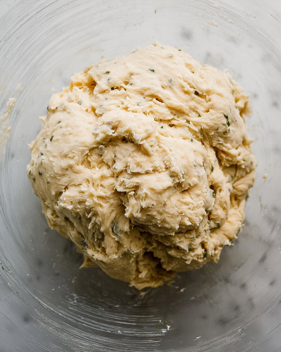 The image shows a pale beige dough ball with a rough, lumpy texture and some visible herbs mixed inside. The dough is sitting in a transparent mixing bowl, with light reflecting softly on its wet and slightly sticky surface. The background is a white marbled texture that softly contrasts with the dough. The dough appears thick and uneven, with some parts smoother and others more clumped together. photo taken with an iphone --ar 4:5 --v 7