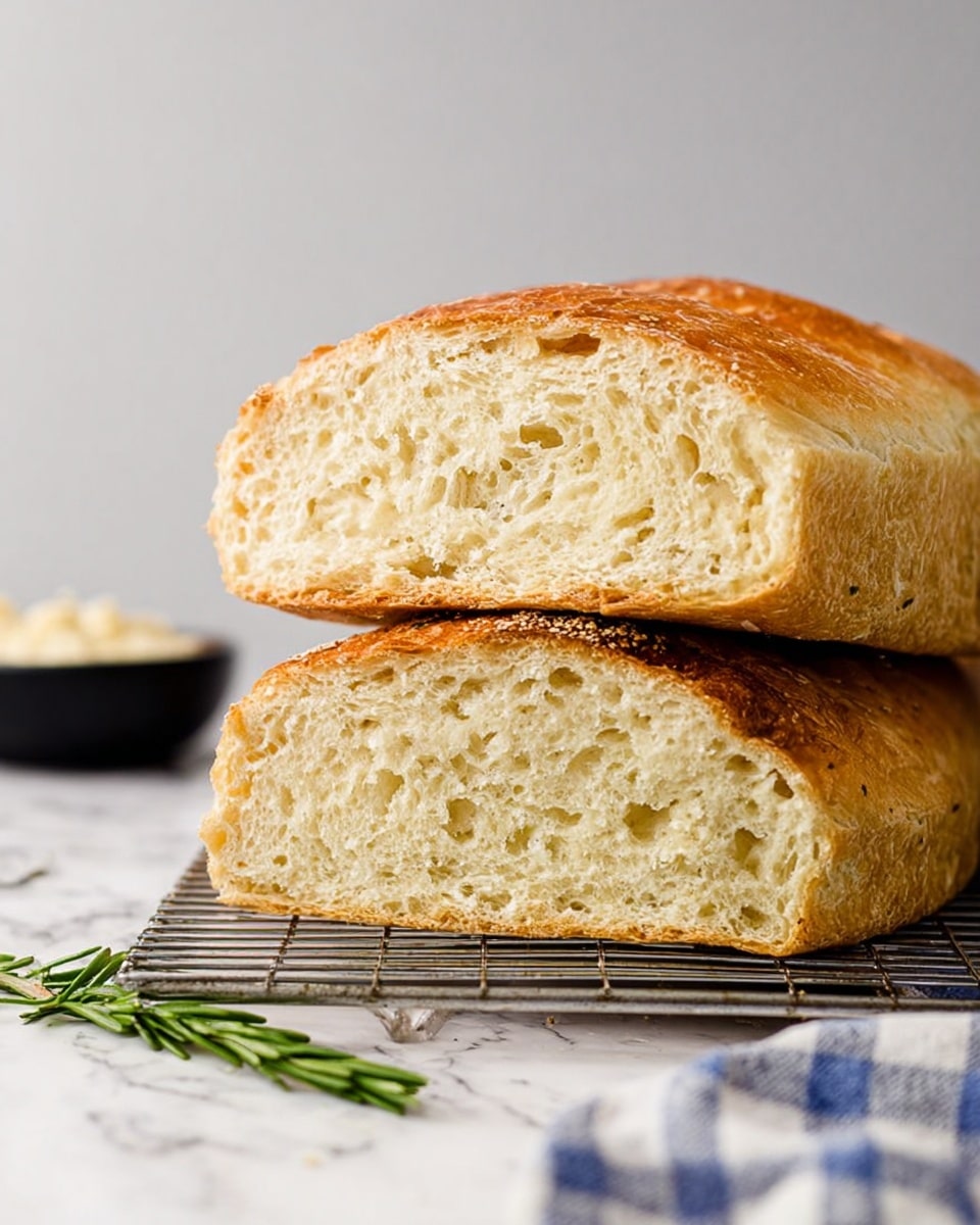 The image shows two thick layers of golden brown bread stacked on top of each other, displaying a soft and fluffy inside with a porous texture. The crust is slightly crunchy and has a warm, toasted color. The bread rests on a metal cooling rack placed on a white marbled surface. In the foreground, a small sprig of fresh green rosemary lies near the bread, while a black bowl with some spread is blurred in the background. A white and blue checkered cloth is partially visible under the rack. The scene is clean and simple with soft lighting. photo taken with an iphone --ar 4:5 --v 7
