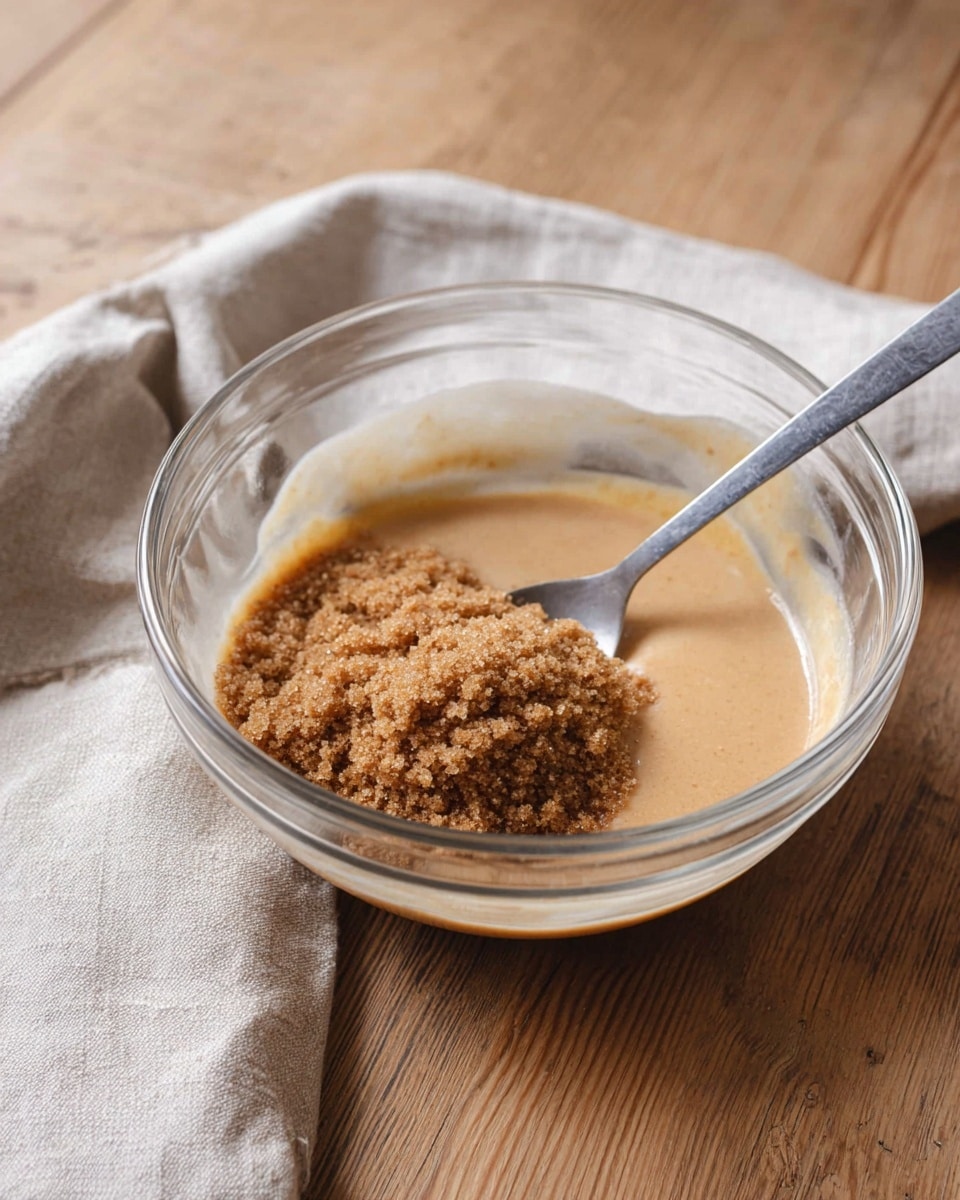A clear glass bowl sits on a wooden surface with a beige cloth folded nearby. Inside the bowl, there is a smooth, light brown sauce or batter filling most of the base. On top of this layer, a mound of granulated brown sugar with a soft, crumbly texture rests mostly in the center. A silver spoon is partially submerged in the mixture on the left side of the bowl. photo taken with an iphone --ar 4:5 --v 7