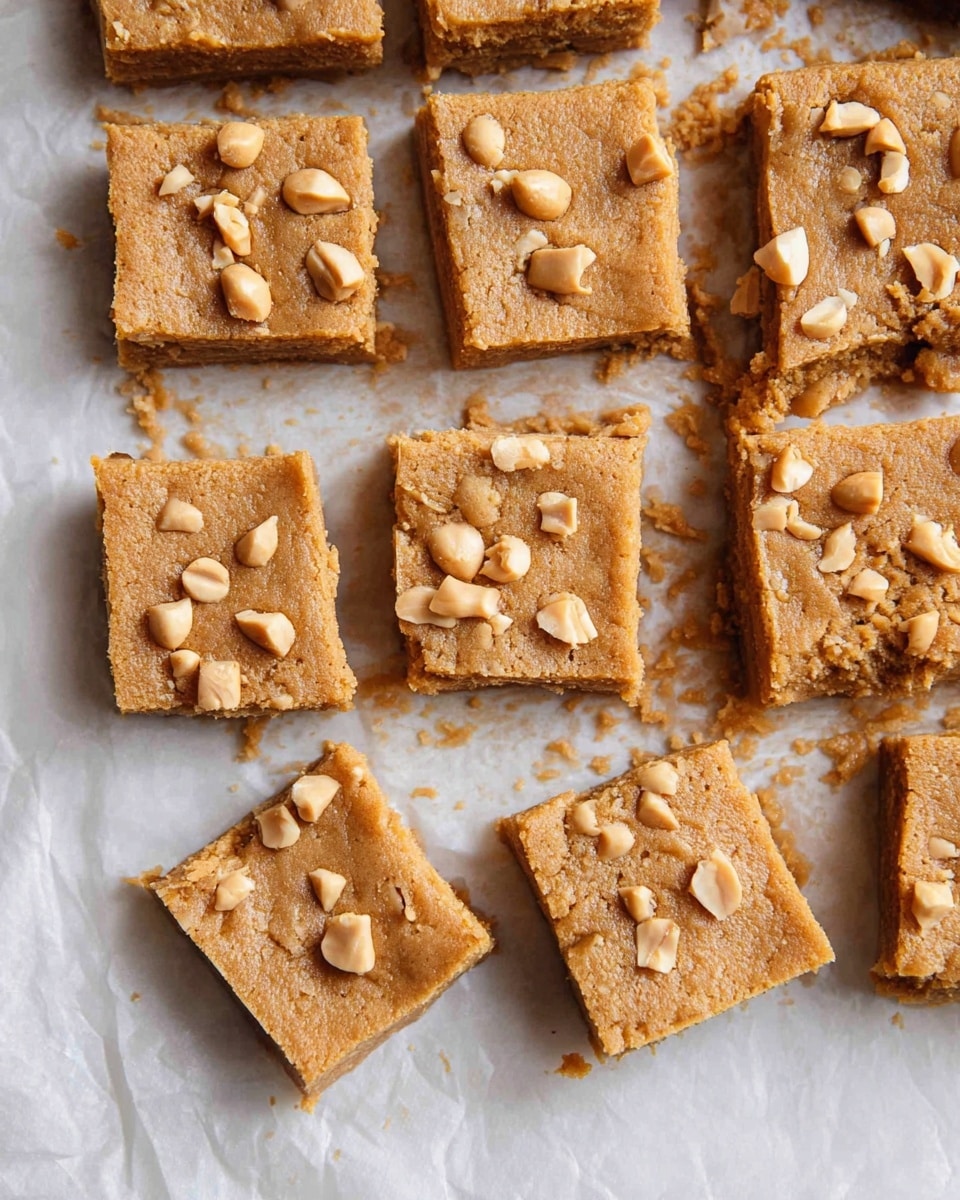 The image shows about fifteen square-shaped peanut butter bars arranged closely on white parchment paper over a white marbled surface. Each bar has a golden-brown color with a slightly rough texture and is topped with small pieces of chopped peanuts scattered unevenly on the tops. The bars look soft and moist, with crumbs visible around and between them on the parchment paper. The edges of most bars are clean but some appear slightly broken or uneven. Photo taken with an iphone --ar 4:5 --v 7