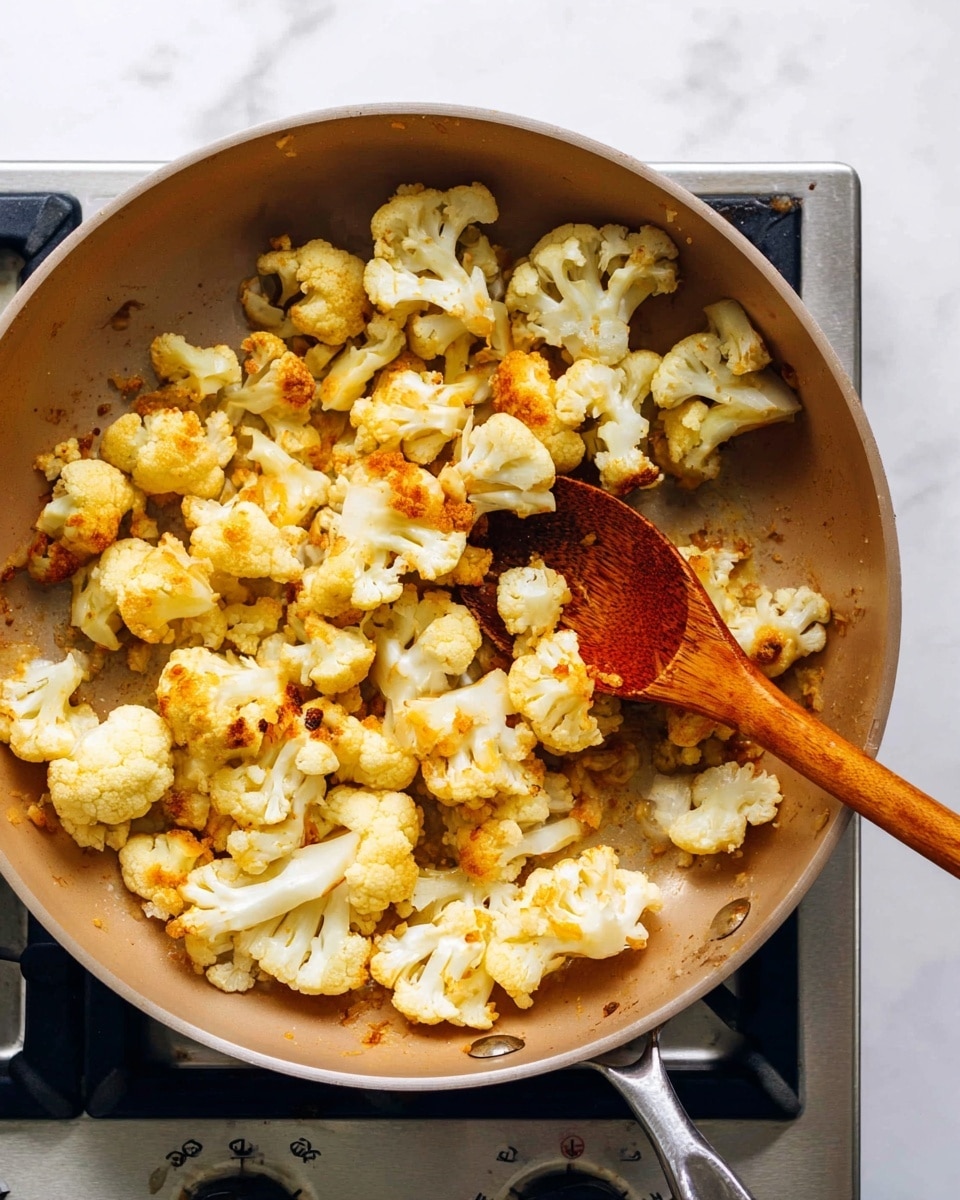 A metal pan sitting on a stove with small pieces of cauliflower inside. The cauliflower pieces are light yellow with some browned edges, showing they are being cooked or roasted. A wooden spoon is stirring the cauliflower in the pan. The pan has a light brown inside surface, and the background is a white marbled texture. Photo taken with an iphone --ar 4:5 --v 7