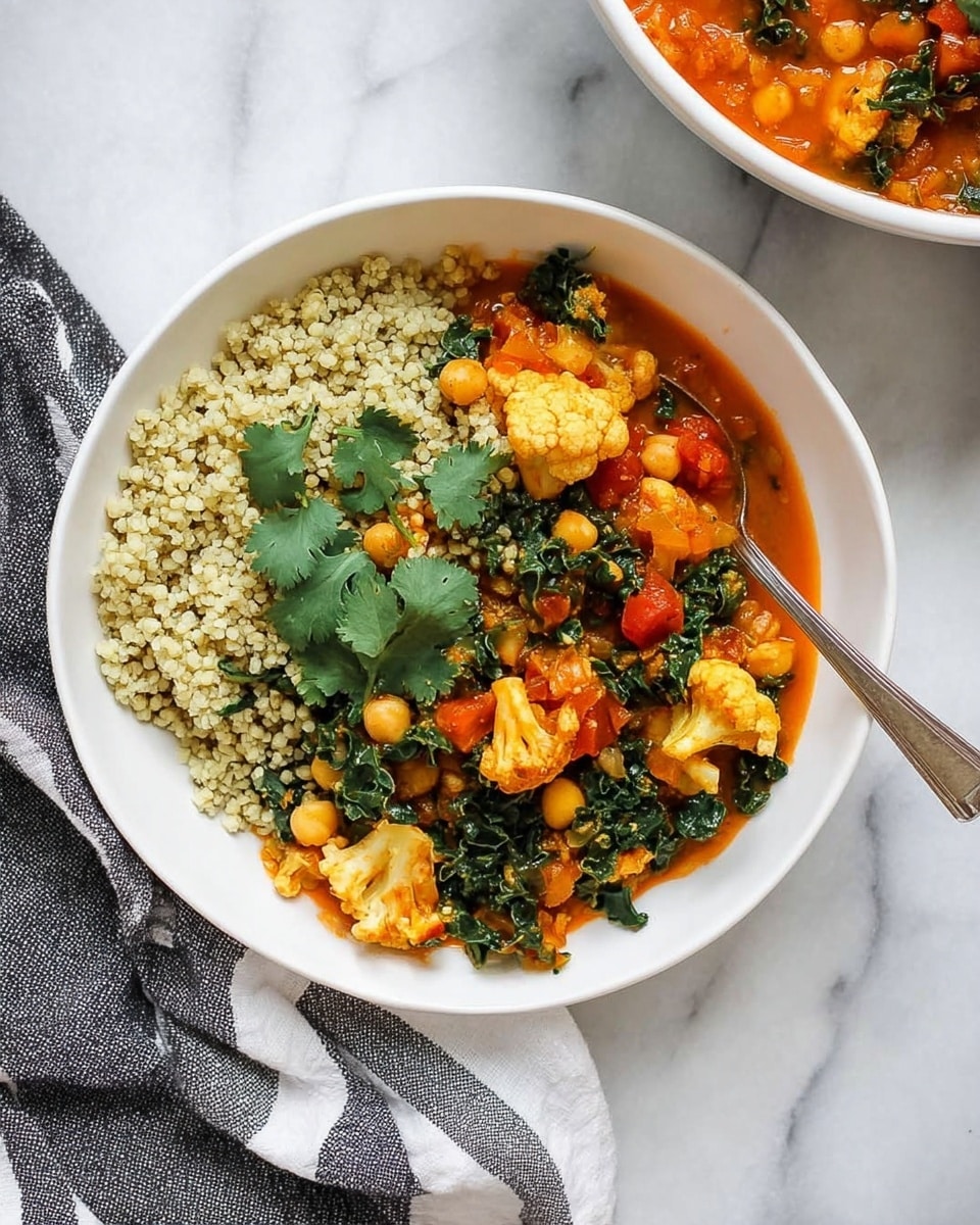 A bowl filled with two main layers: on the right side, a light greenish pile of small round grains with a slightly speckled texture, and on the left side, a vibrant orange-red stew with visible cauliflower florets, chickpeas, chopped tomatoes, and dark green leafy kale. Fresh cilantro leaves are scattered on top, adding bright green accents. A silver spoon rests inside the bowl on the right side. The bowl is white and placed on a white marbled surface next to a black and white striped cloth. In the top right corner, there is a glimpse of a white dish filled with more of the orange-red stew. photo taken with an iphone --ar 4:5 --v 7