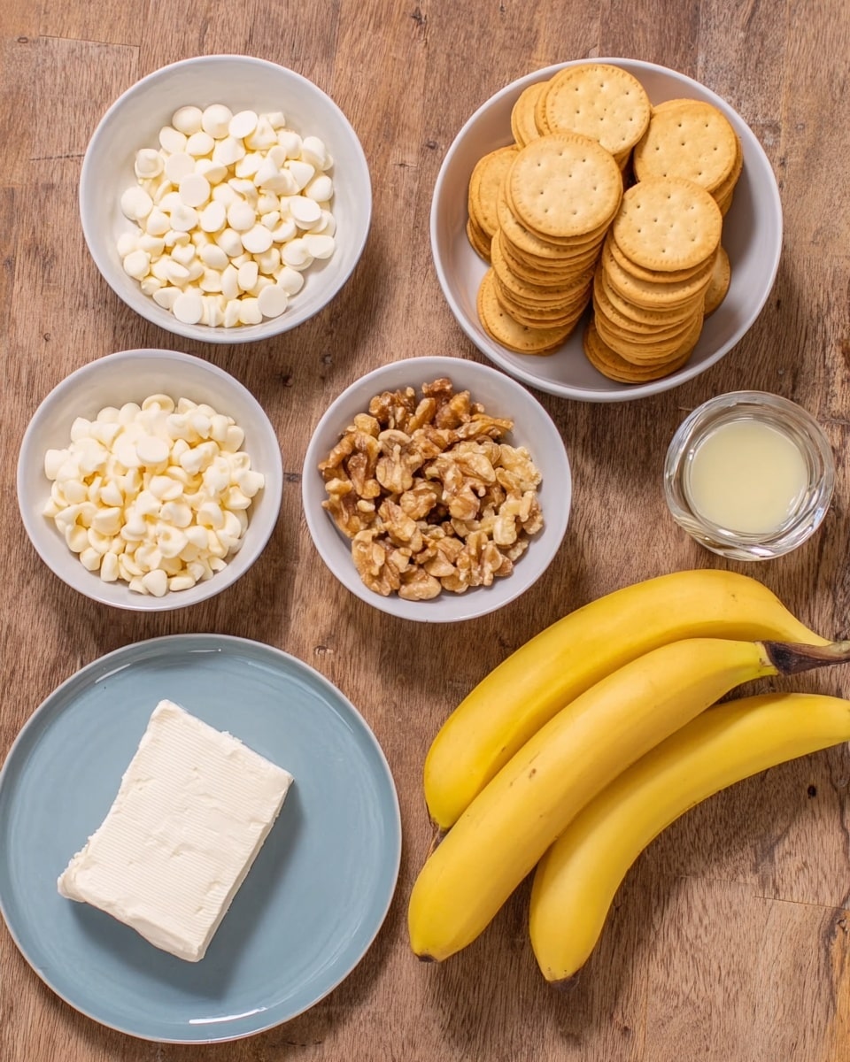 The image shows six items arranged on a wooden table. At the center top, there is a white bowl full of golden sandwich cookies stacked unevenly. To its left, there is a white bowl filled with small white chocolate chips. To the right of the sandwich cookies, there are two smaller white bowls, one filled with walnut pieces and the other filled with banana chips. Below these bowls, there are two whole yellow bananas placed side by side. To the bottom left, there is a light blue plate holding a rectangular block of cream cheese. Near the bottom right, there is a small clear glass container with a light yellow liquid inside. The background is changed to a white marbled texture as requested, photo taken with an iphone --ar 4:5 --v 7