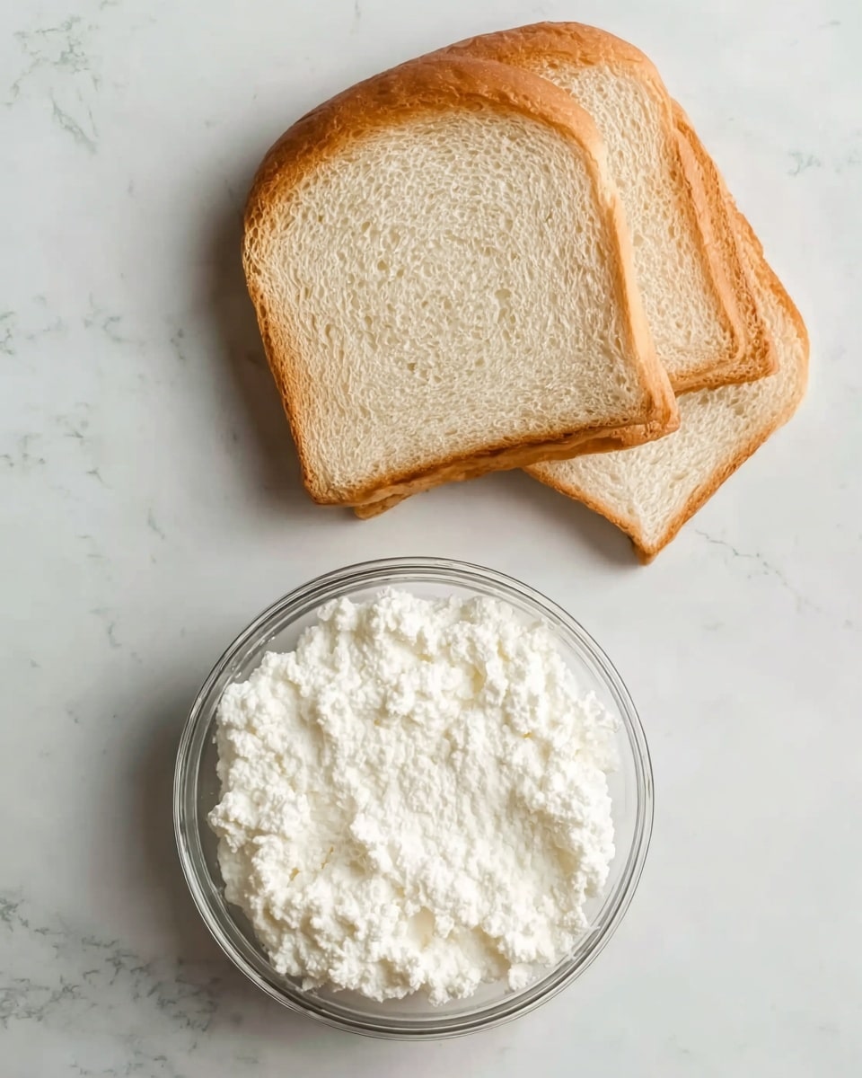 The image shows two slices of light brown crust bread placed slightly overlapping each other near the top left, and a clear glass bowl filled with white cottage cheese positioned to the bottom right on a white marbled surface. The bread has a soft, smooth texture with fine crumb detail, while the cottage cheese shows a lumpy, creamy texture inside the round bowl. Photo taken with an iphone --ar 4:5 --v 7