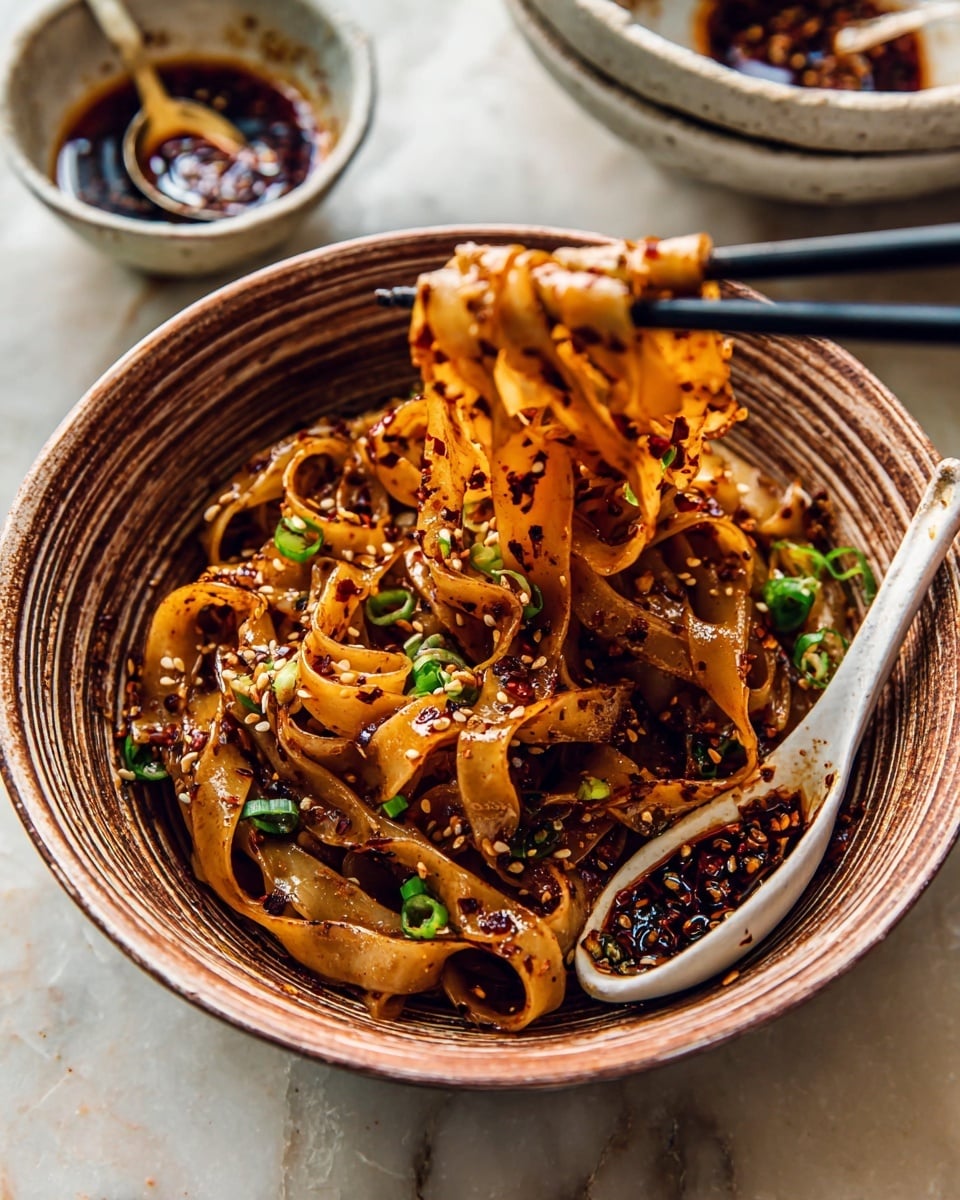 A bowl of flat noodles tossed with dark brown spicy chili oil and sprinkled with white sesame seeds and chopped green onions. The noodles are thick and glossy, mixed well with the oily red chili flakes visible on the surface. Two black chopsticks lift some noodles from the bowl, showing their soft, slightly curled texture. On the side inside the bowl, a white ceramic spoon holds some chili seeds and oil. The bowl is round with a striped wooden texture, placed on a white marbled surface. In the background, a woman’s hand holds a spoon above a white bowl with more chili oil and seeds. Photo taken with an iphone --ar 4:5 --v 7