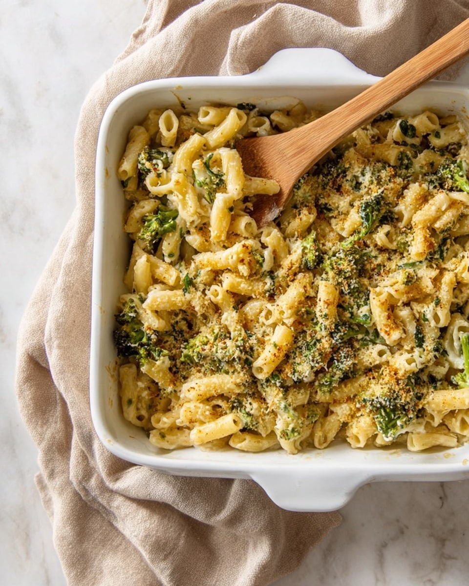 The image shows a white rectangular baking dish filled with baked pasta mixed with small pieces of green vegetables, possibly broccoli or spinach, and sprinkled with a light cheesy or breadcrumb topping. The pasta is short and tubular, with a slightly golden color from baking. A wooden spoon rests inside the dish on the right side, partially stirring the mixture. The dish sits on a soft beige cloth that contrasts with the white marbled surface underneath. The photo taken with an iphone --ar 4:5 --v 7