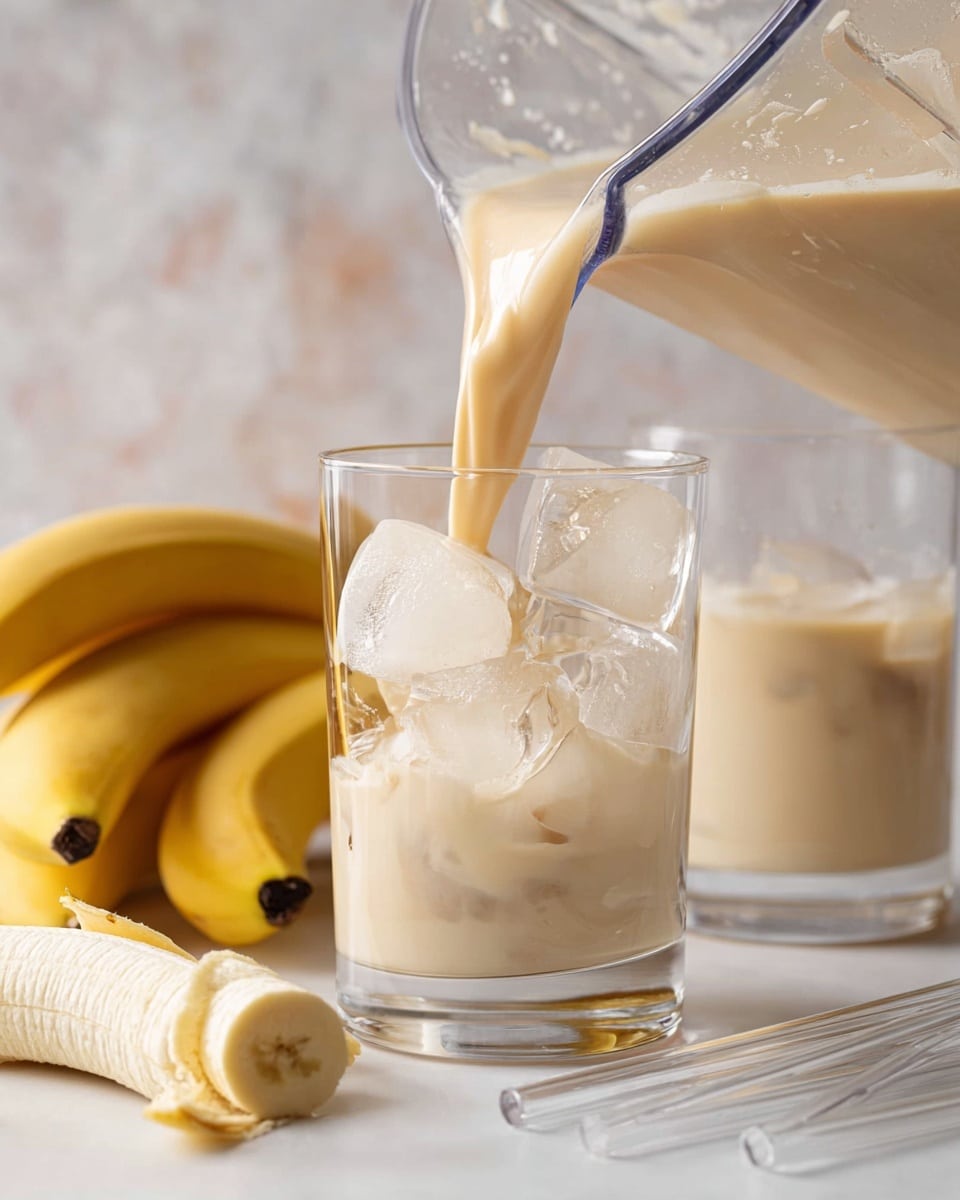 A clear glass filled halfway with large, shiny ice cubes is being topped with a smooth, creamy beige liquid pouring from a transparent blender container angled above it. Behind the glass, there is another clear glass containing a similar creamy drink with some ice cubes inside. To the left, several yellow bananas with dark tips rest on a white marbled surface, along with a peeled banana lying near the front. Two clear glass straws lay on the surface to the right of the filled glass. The background shows a softly blurred white marbled texture. photo taken with an iphone --ar 4:5 --v 7