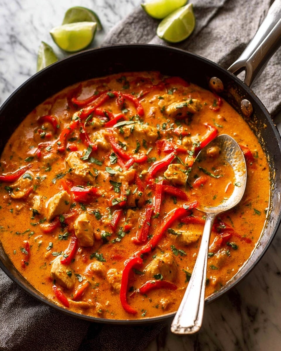 A black pan filled with a thick orange sauce that covers pieces of white chicken and many red bell pepper strips scattered on top and mixed throughout, with small bits of green herbs sprinkled across the dish. A silver spoon is partially dipped into the sauce on the right side, and next to the pan on a white marbled surface are lime wedges resting on a gray cloth. Photo taken with an iphone --ar 4:5 --v 7