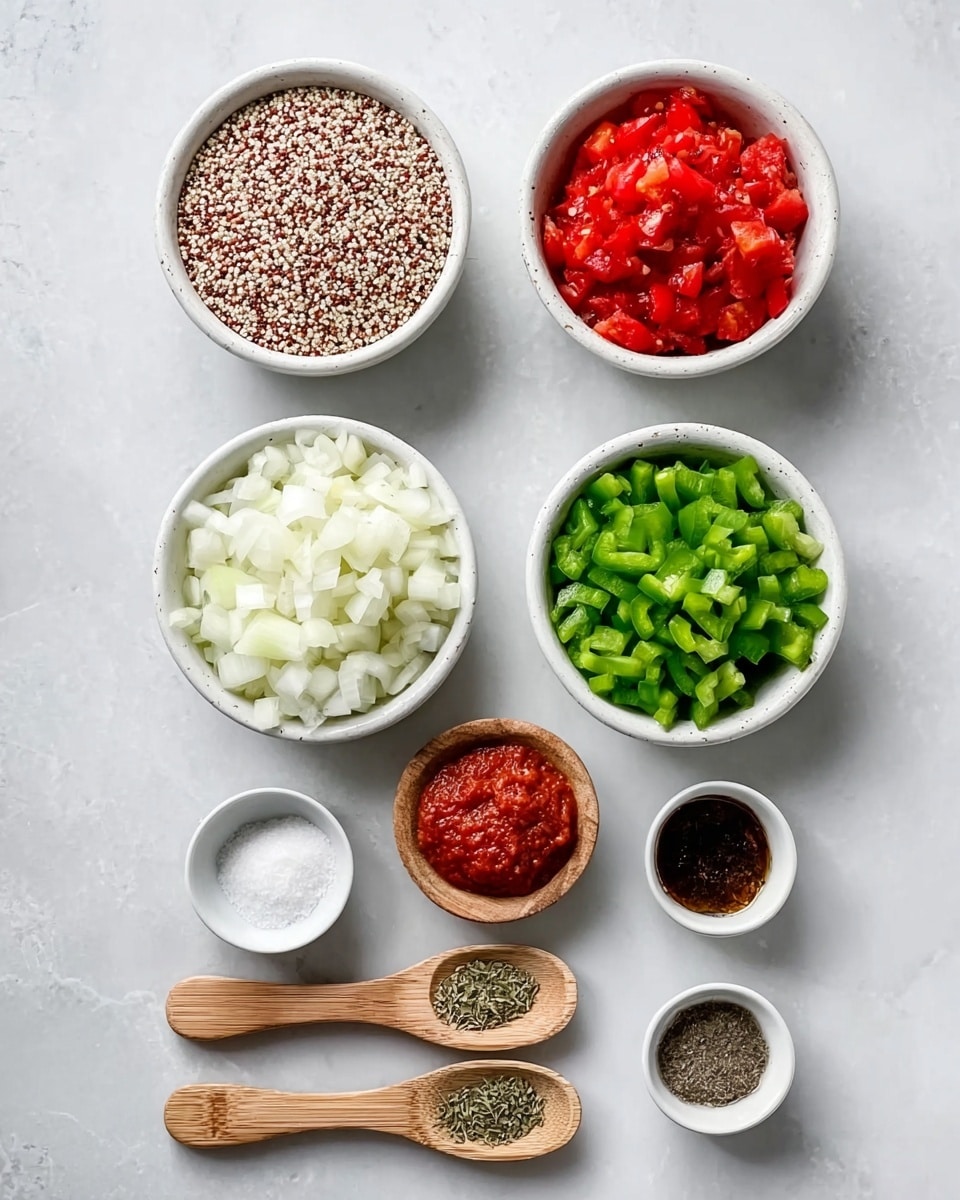 The image shows seven small bowls and three wooden spoons placed on a white marbled surface. In the top row, from left to right, there is a bowl filled with a mix of white and red quinoa, a bowl of chopped red tomatoes, and a bowl of finely chopped green bell peppers, all in white bowls. Below them, in the center, is a white bowl filled with chopped white onions. To the left, there is a smaller bowl with finely chopped garlic in a white bowl, and to the right, a small white bowl with salt and black pepper. Below these bowls, three wooden spoons hold different spices: the top spoon has a thick red paste, the middle spoon has green dried herbs, and the bottom spoon has a dark brown liquid. The bowls and spoons are neatly arranged in a grid-like style. photo taken with an iphone --ar 4:5 --v 7