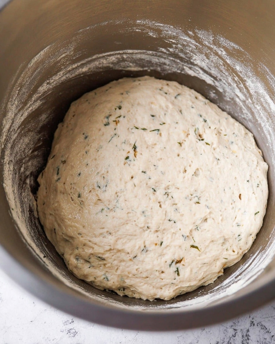 A soft, slightly sticky dough with small air bubbles and bits of herbs mixed throughout rests in a large, smooth, silver metal bowl. The dough covers the bottom of the bowl evenly, pressing against the sides where some flour residue is visible. The background is a white marbled texture. photo taken with an iphone --ar 4:5 --v 7