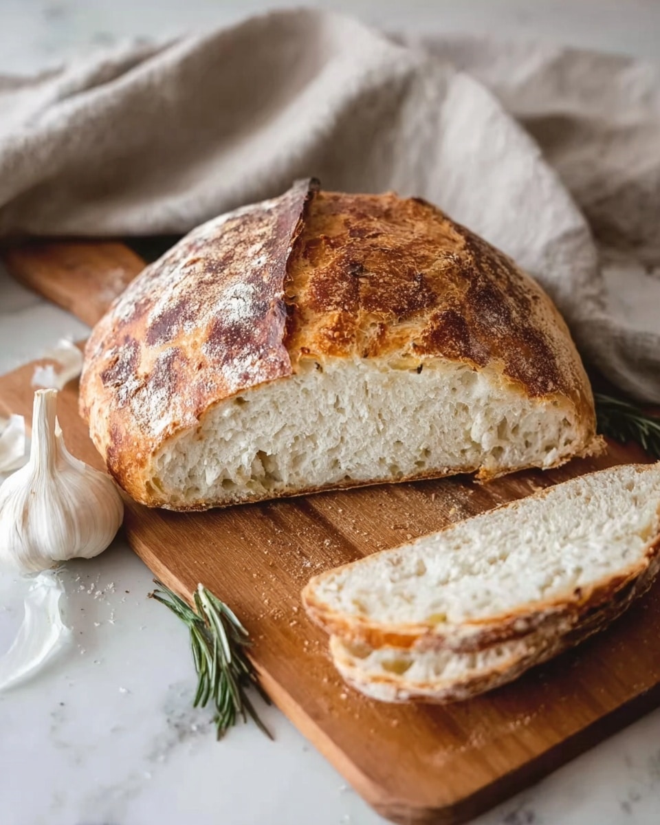 The image shows a loaf of rustic bread, round and crusty, with a golden brown top and a soft white inside. The loaf is lying on a wooden cutting board with some slices of the bread placed behind it. There is a white garlic bulb with green sprigs beside the bread. In the background, a soft beige-gray cloth is slightly folded. The whole scene is set on a white marbled surface, giving it a clean and fresh look. Photo taken with an iphone --ar 4:5 --v 7