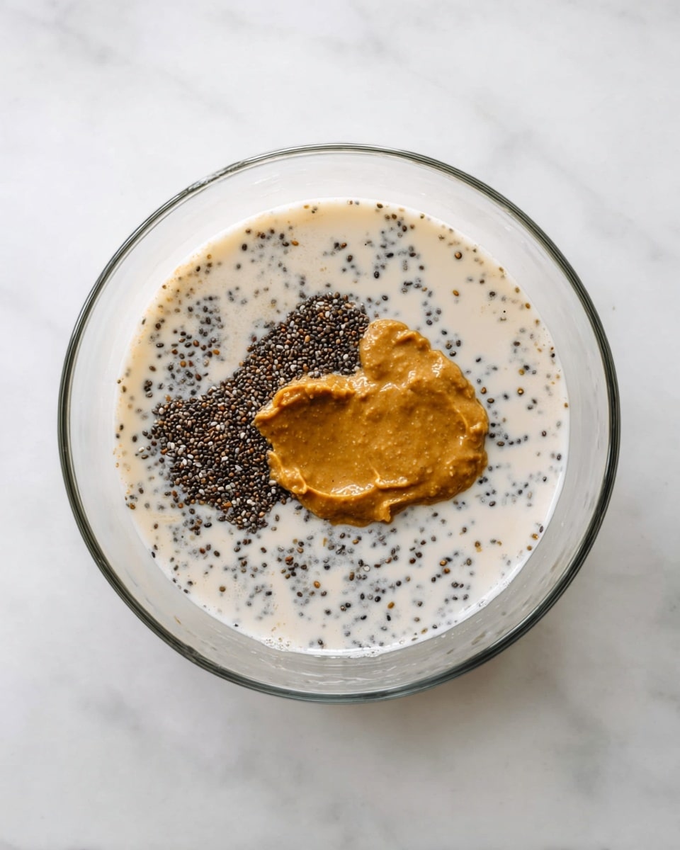 A clear glass bowl sits on a white marbled surface, holding three layers of ingredients. The bottom layer is a creamy, off-white milk-like liquid that fills most of the bowl. On top of this, there are scattered small, dark brown and black chia seeds unevenly spread across the liquid. In the center of the bowl, there is a thick, smooth dollop of golden brown almond butter resting on the milk and chia seeds, creating a contrast with the lighter and darker layers. photo taken with an iphone --ar 4:5 --v 7