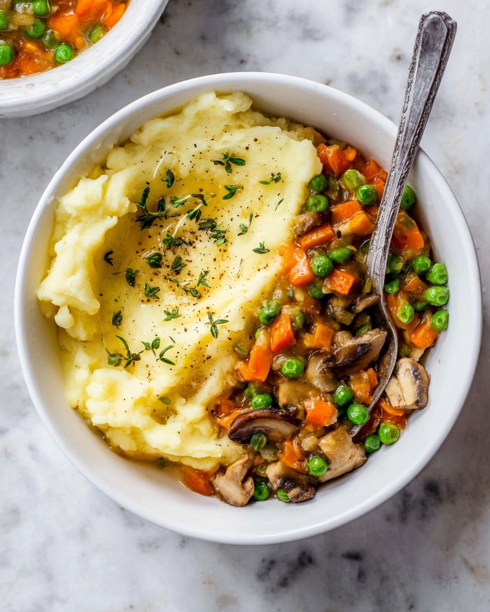 A white bowl with two main layers: on the left side, there is a creamy, smooth, pale yellow layer of mashed potatoes topped with small green herb leaves and a light sprinkle of black pepper; on the right side, a colorful mix of shredded orange carrots, bright green peas, and chopped brown mushrooms is nestled together in a saucy base. A silver spoon rests inside the bowl, partially under the vegetables, and the bowl is set on a white marbled surface. Photo taken with an iphone --ar 4:5 --v 7