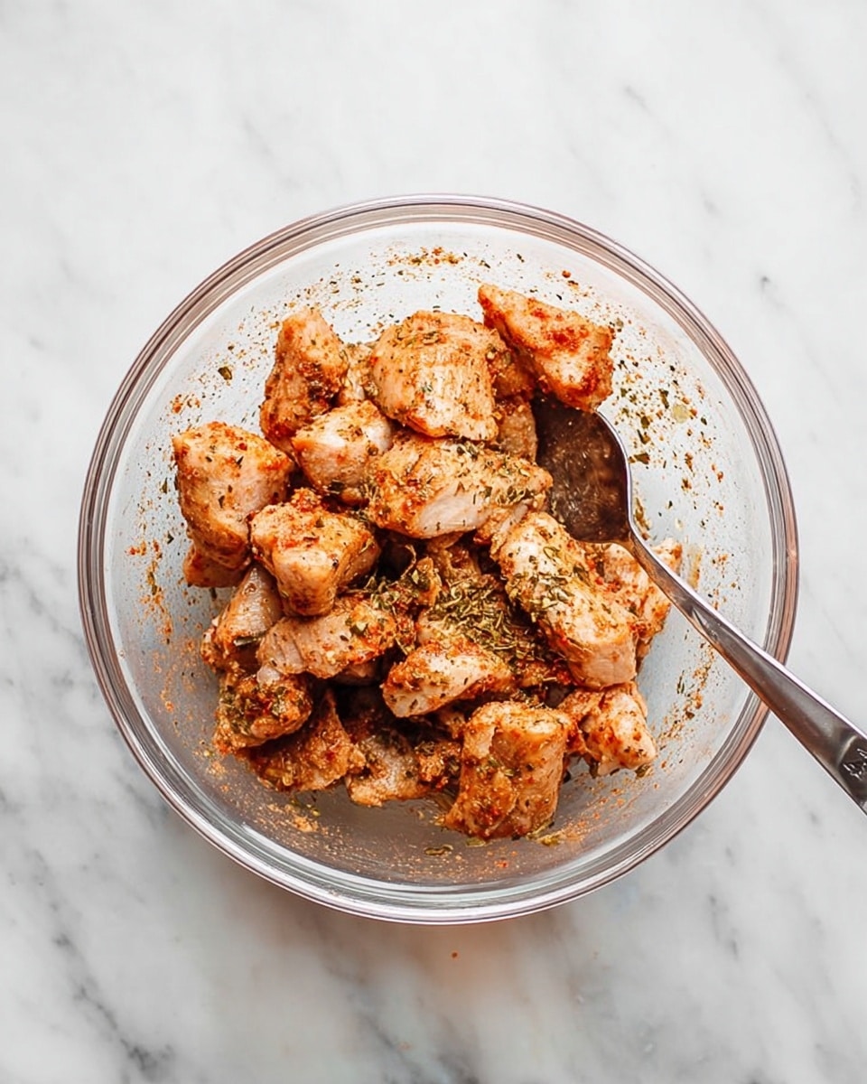 A clear glass bowl sits on a white marbled surface, filled with small pieces of light pink chicken that are covered with a reddish-brown spice mix, including visible green dried herbs. A silver spoon rests inside the bowl on the right side, partially under some chicken pieces, adding a metallic shine. The spices are spread unevenly on each piece, showing rough textures, with the chicken pieces stacked loosely in one layer inside the bowl. photo taken with an iphone --ar 4:5 --v 7