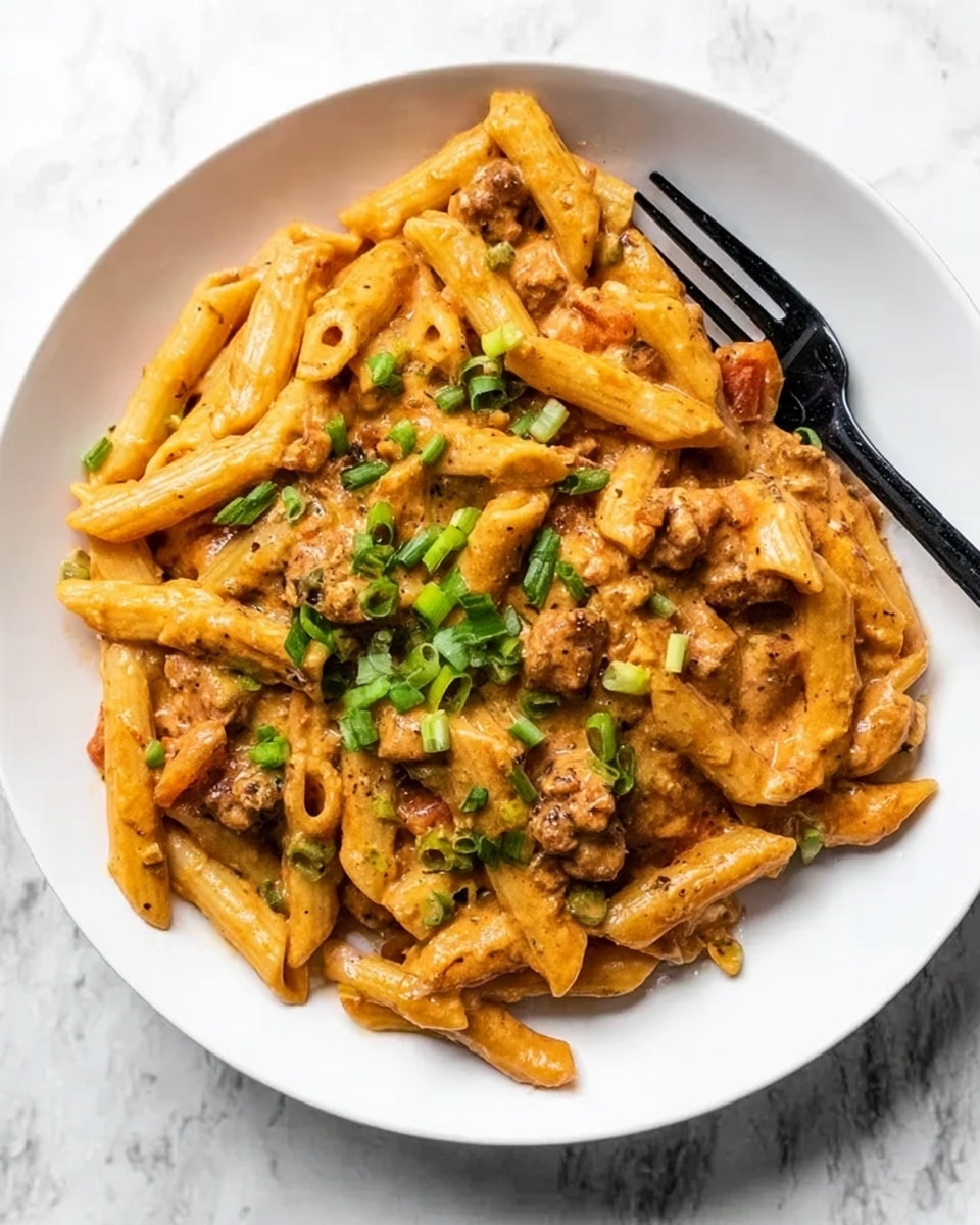 The image shows a white plate filled with creamy pasta, featuring about two layers: the bottom layer of penne pasta coated in a light orange sauce mixed with small pieces of cooked meat and vegetables, and the top layer sprinkled with fresh green chopped scallions for color contrast. The pasta looks soft and sauce-covered with a slightly glossy texture. A black fork rests on the right side of the plate, partially under the pasta. The plate sits on a white marbled surface. Photo taken with an iphone --ar 4:5 --v 7