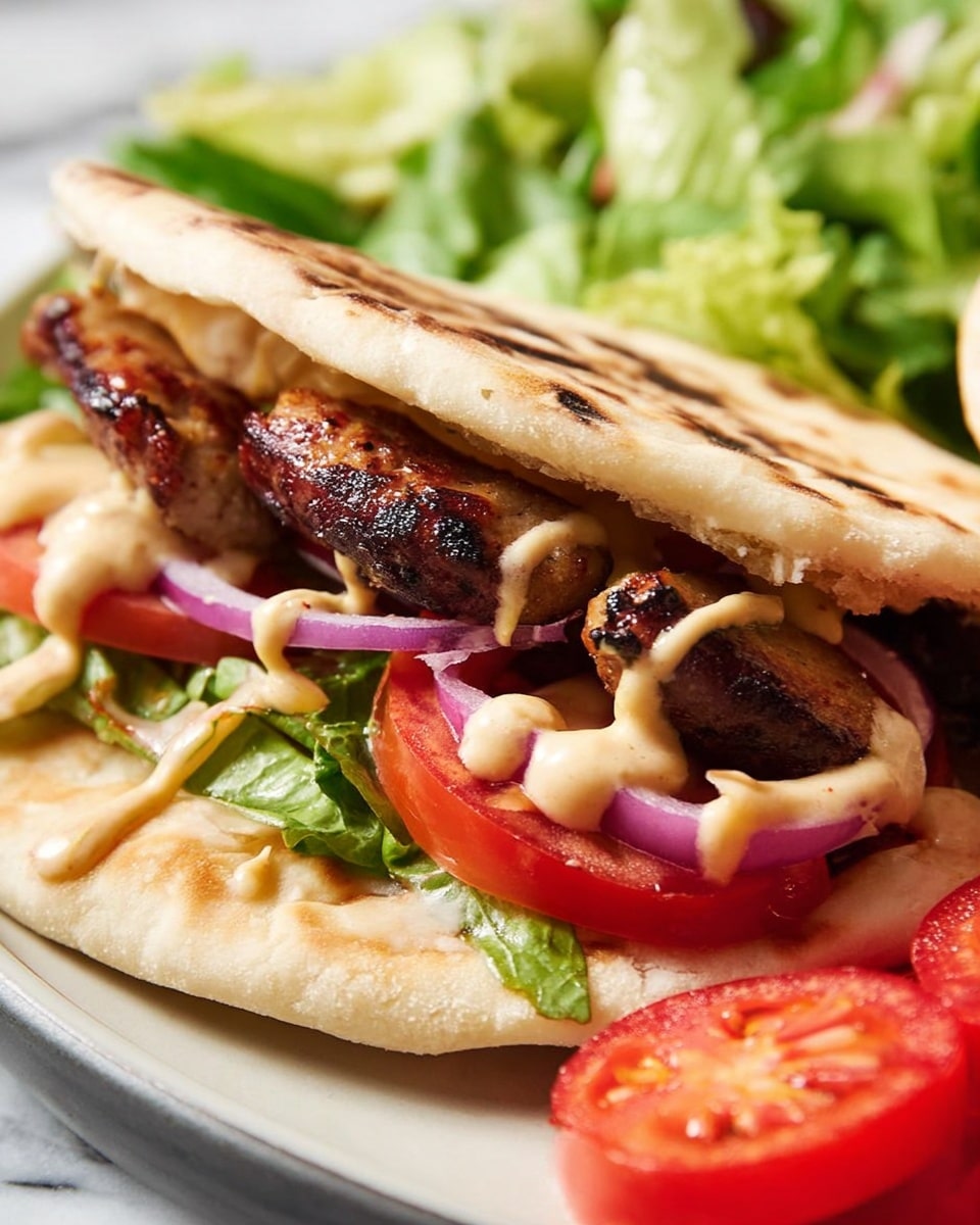 This image shows a pita sandwich with three clear layers inside. The bottom layer is a flat pita bread, light tan with grill marks. On top of it, there are sliced red tomatoes and thin slices of red onion with a creamy tan sauce drizzled over them. The top layer has two dark brown grilled sausages with a slightly shiny and crisp surface, resting on some green lettuce leaves and drizzled with the same creamy tan sauce. The sandwich is set on a white plate with fresh green lettuce in the background and sliced red tomatoes on the right side. The whole scene is on a white marbled surface. Photo taken with an iphone --ar 4:5 --v 7