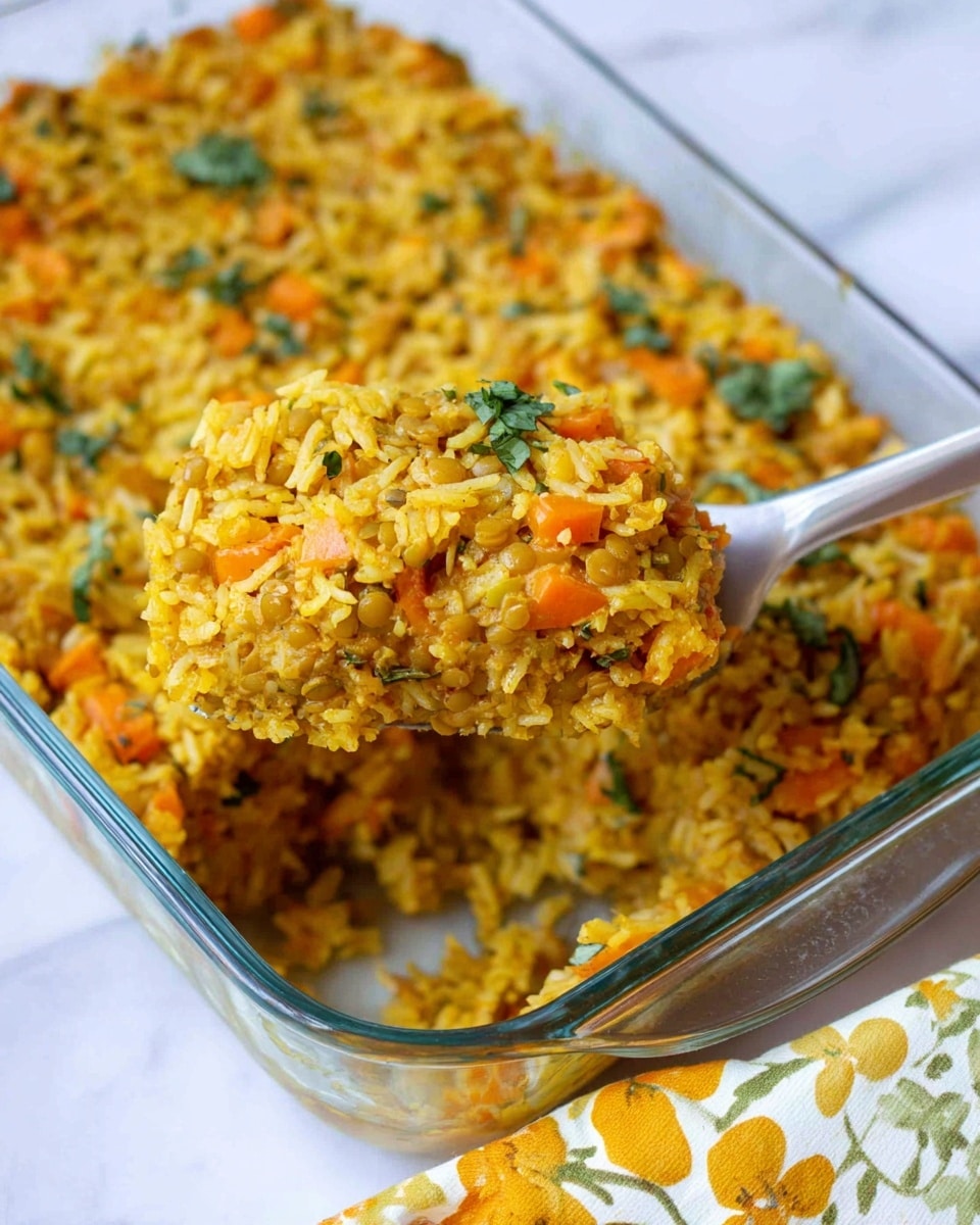 A glass baking dish contains a thick mix of yellow rice and orange lentils, with small chunks of orange vegetables spread evenly throughout. The rice dish has a soft, slightly crumbly texture with some green herb leaves scattered on top for garnish. A metal spatula lifts a scoop from the dish, showing the mixed layers clearly, with the rice and lentils tightly combined. The dish sits on a white marbled surface, and a corner of a cloth with a yellow and green floral pattern is visible in the bottom right corner. Photo taken with an iphone --ar 4:5 --v 7