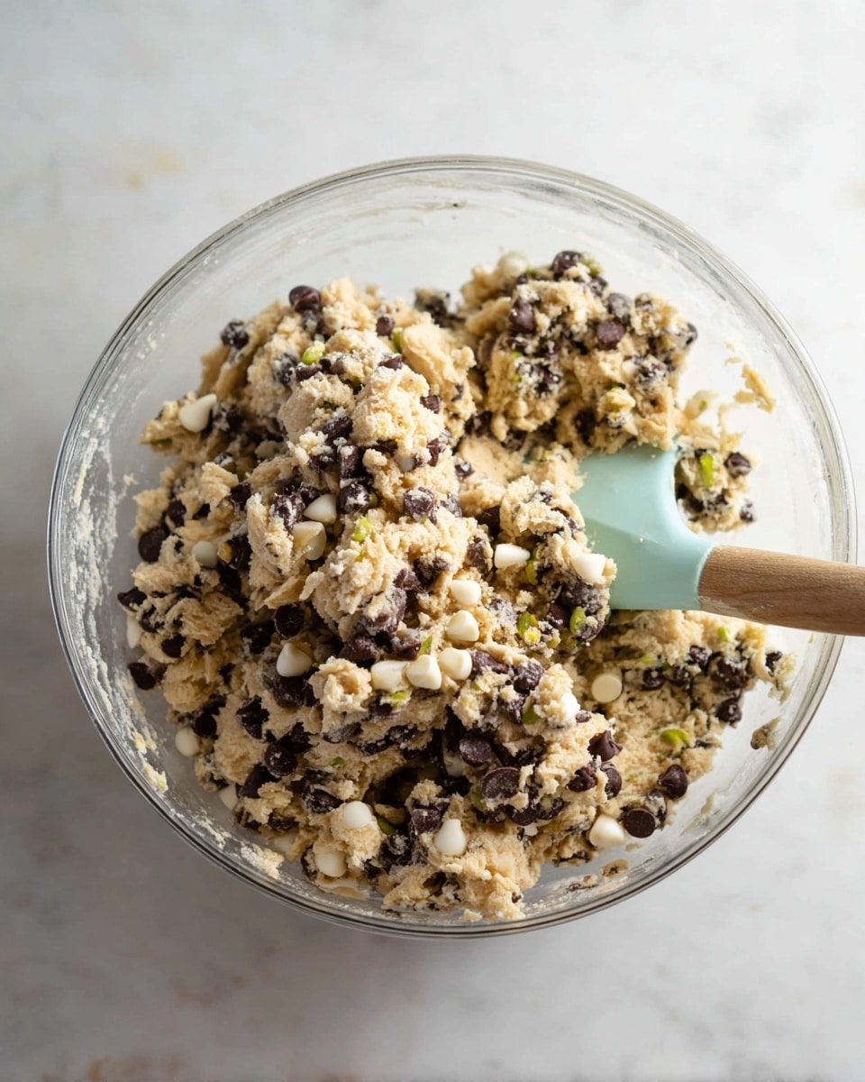 A clear glass bowl filled with thick cookie dough mixed with lots of dark brown chocolate chips, white chocolate chips, and small green pieces that look like nuts. The dough is light beige and chunky, with a rough texture from all the mix-ins. A pale blue spatula with a wooden handle is placed inside the bowl, sticking into the dough. The scene is set on a white marbled surface. photo taken with an iphone --ar 4:5 --v 7