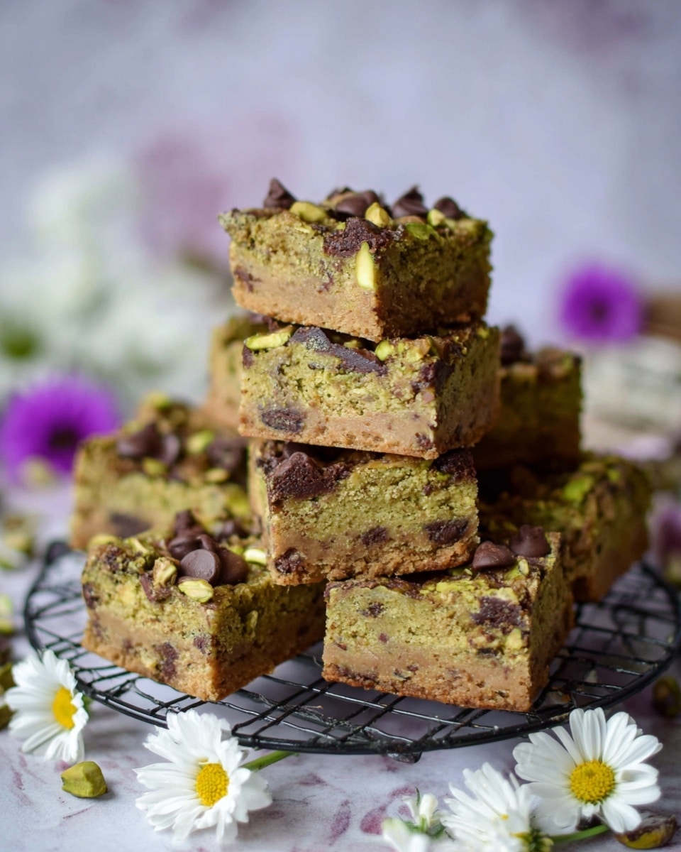The image shows a stack of six square bars with a soft texture, featuring three visible layers on each bar. The top layer is light brown with a slightly crumbly texture, studded with small smooth dark brown chocolate chips scattered unevenly. The middle layer is a greenish mix with visible chopped pistachio pieces, providing a nutty texture with rough green spots. The bottom layer is a darker brown with embedded pistachio pieces and chocolate chips creating a speckled look. The bars are stacked on a round black wire rack placed on a white marbled surface, surrounded by white daisies and a few purple flowers in the blurry background. Photo taken with an iphone --ar 4:5 --v 7