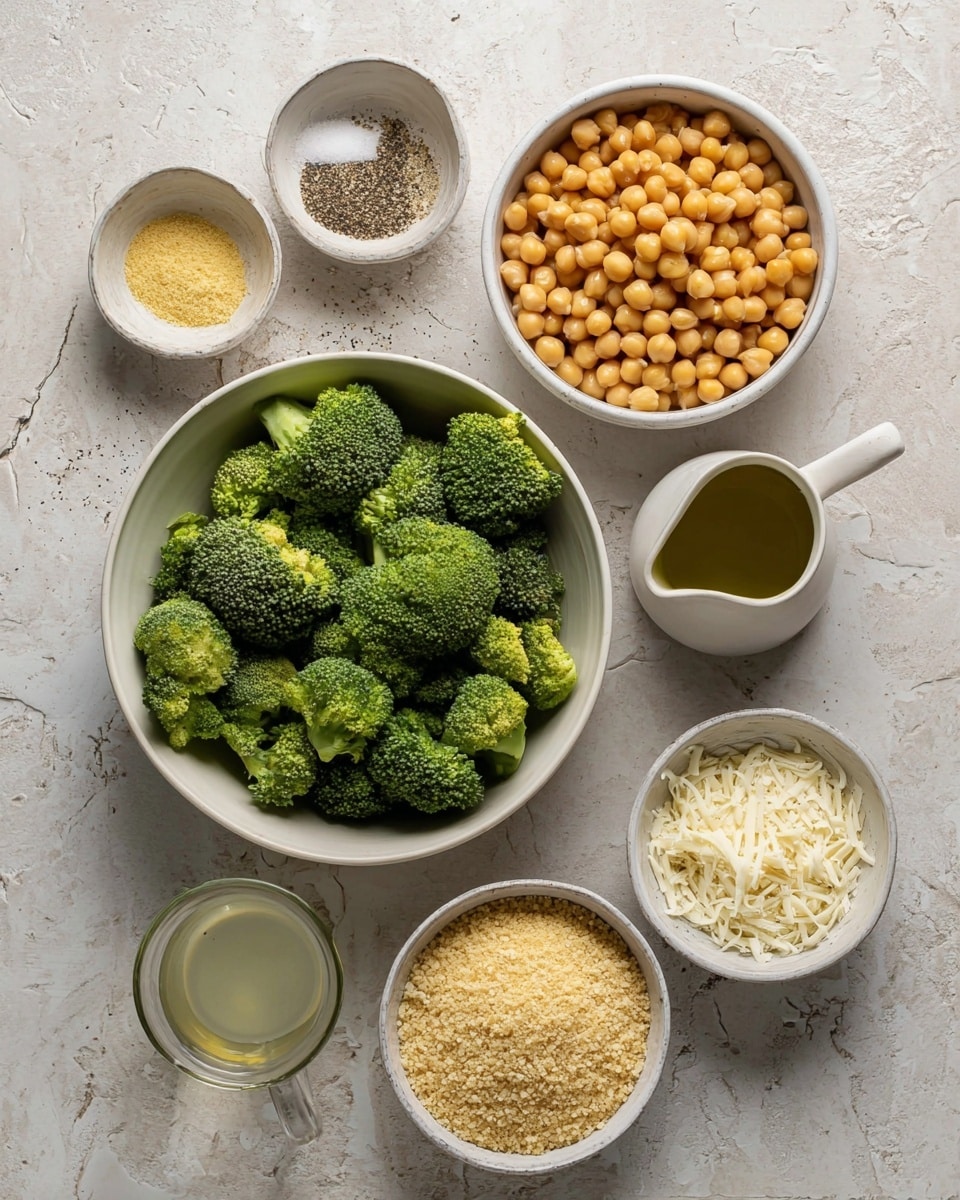 The image shows eight white bowls and a white pitcher arranged on a white marbled textured surface. In the center, a large white bowl is filled with fresh green broccoli florets, varying from darker to lighter green shades with a textured, bumpy surface. Above it, a medium white bowl is full of smooth, round golden chickpeas. To the left, there are two small white bowls containing fine yellowish powders, one slightly darker than the other. On the right side, a small white bowl holds a mix of black pepper and white salt, next to a white pitcher with olive oil showing a shiny, smooth yellow-green liquid inside. Below this, a small white bowl contains finely shredded white cheese with a soft texture, and next to it, a small clear glass cup holds a light beige silky sauce. At the bottom, there is a medium white bowl filled with pale yellow breadcrumbs with a grainy texture. Photo taken with an iphone --ar 4:5 --v 7