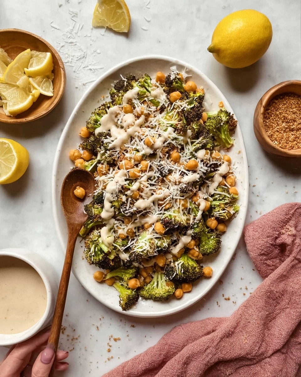 A white oval plate on a white marbled surface holds a colorful dish with three layers: the bottom layer is roasted green broccoli florets with browned edges, mixed evenly with golden brown, crispy chickpeas. On top, a creamy light tan sauce is drizzled all over the vegetables. Finely shredded white cheese is scattered across the dish, adding light texture on the surface. To the left side of the plate, a woman's hand holds a wooden spoon resting on the dish. Nearby bowls with yellow lemon slices, a light creamy sauce, and brown crumbly topping surround the plate. A soft pink cloth is placed on the bottom left corner near the dish. Photo taken with an iphone --ar 4:5 --v 7