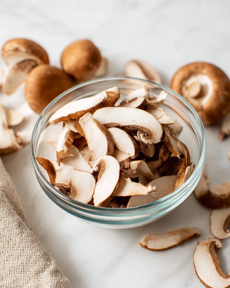 A clear glass bowl filled with several layers of thinly sliced brown and white mushrooms, showing the curved edges and soft texture of the slices, sits centered on a white marbled surface. Around the bowl, whole mushrooms with smooth brown caps and pale undersides are scattered slightly out of focus, with a beige textured cloth partially visible to the left side. The lighting highlights the freshness and natural color contrast between the mushroom skin and inner flesh photo taken with an iphone --ar 4:5 --v 7