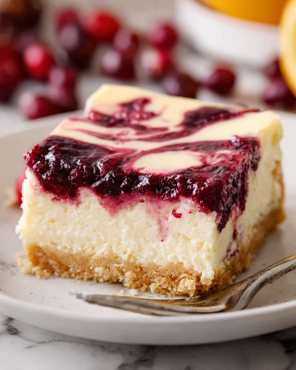 A close-up of a square cheesecake slice on a white plate with a silver fork beside it. The cheesecake has three clear layers: the bottom layer is a crumbly, light golden crust, the middle layer is a thick, smooth, creamy white cheese filling, and the top layer has swirls of dark red and purple fruit sauce mixed into the cheese layer, creating a marbled effect. The background shows scattered red berries on a white marbled surface. Photo taken with an iphone --ar 4:5 --v 7